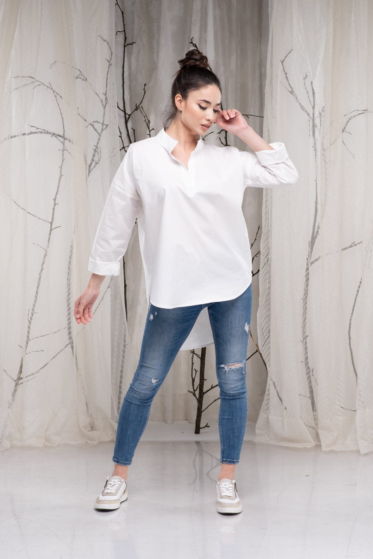 White Cotton Minimalist Asymmetrical Loose Tunic Shirt