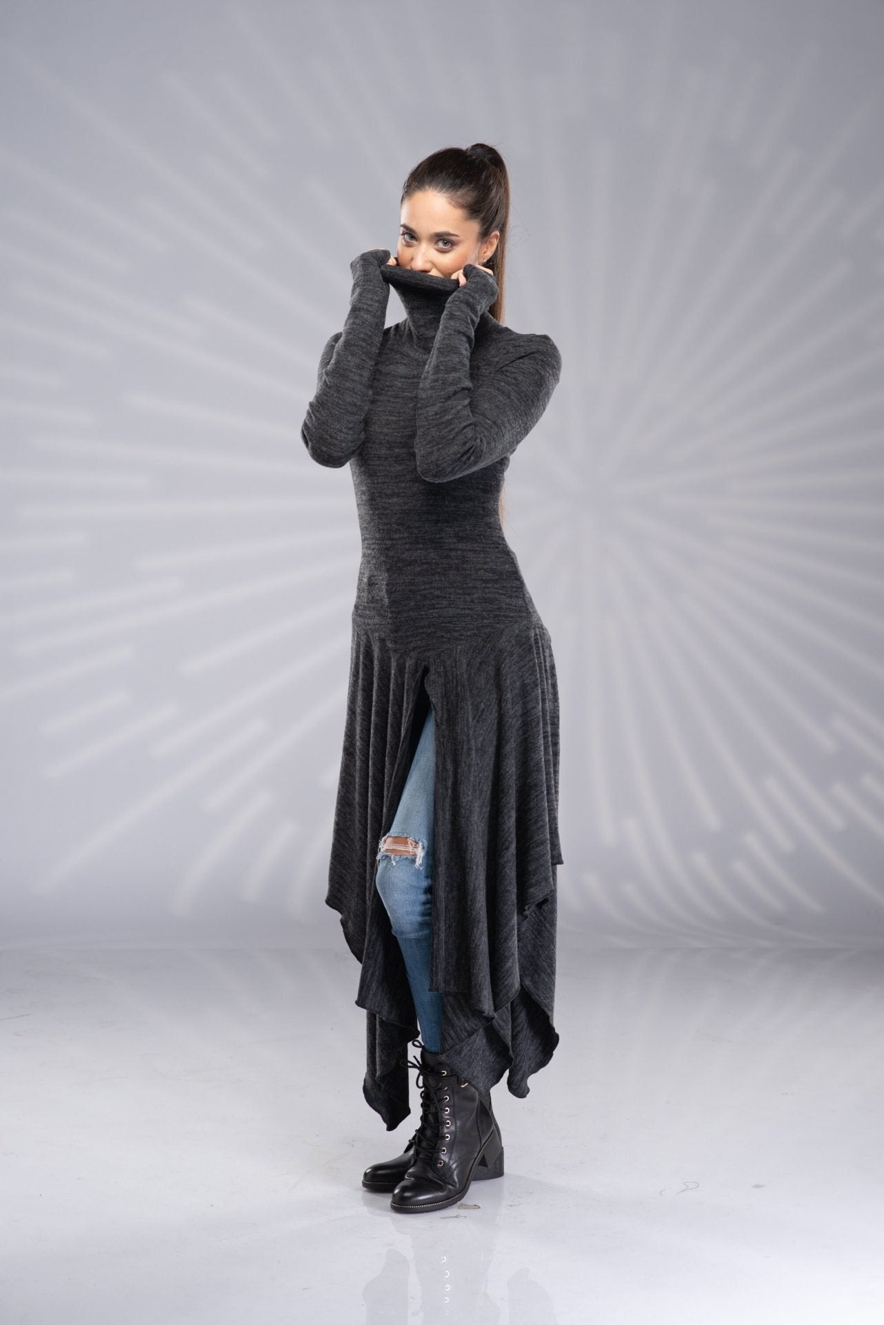 Long Turtleneck Asymmetrical High Low Draped Tunic with Thumb Hole