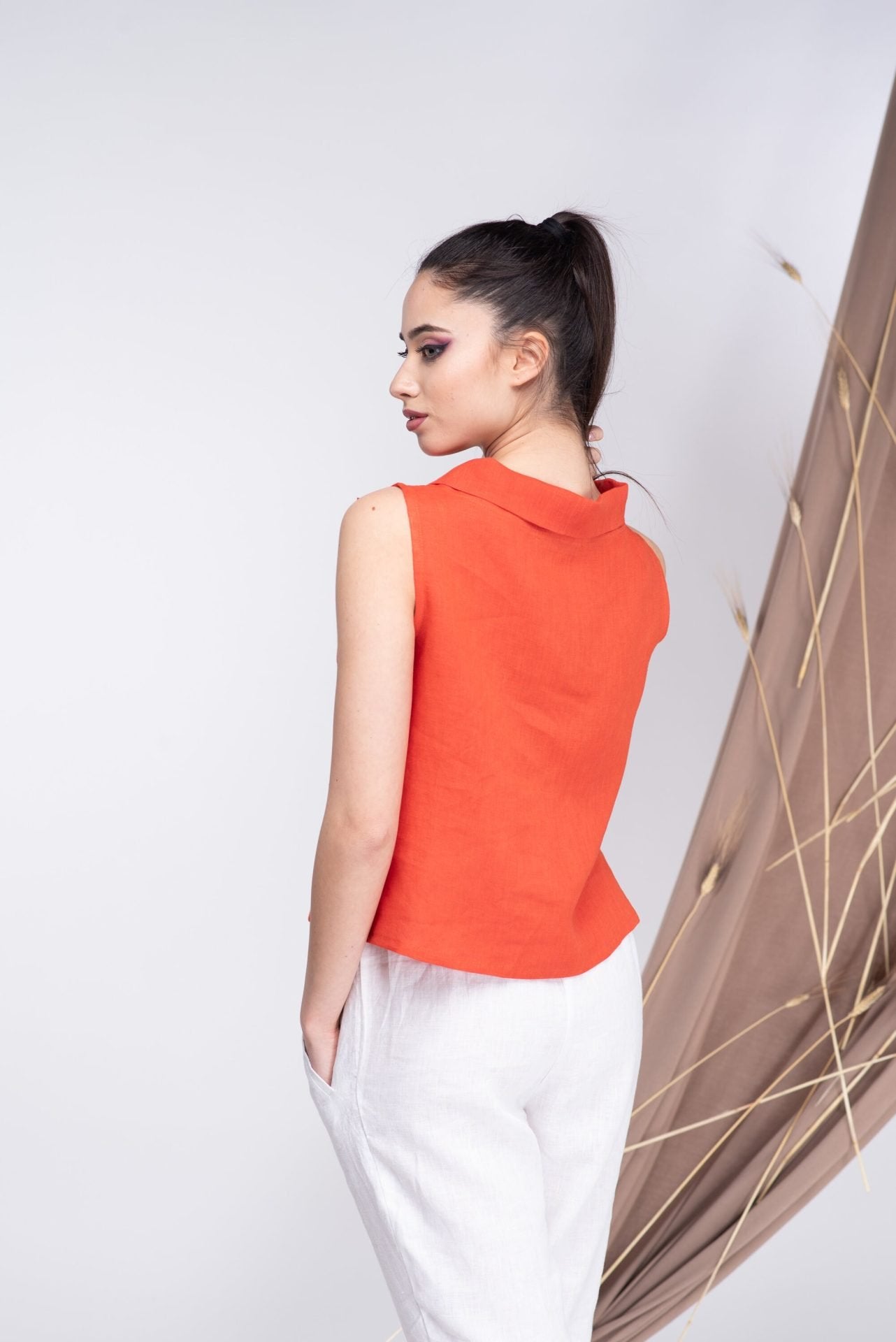 Linen Orange Sleeveless Summer Elegant Blouse