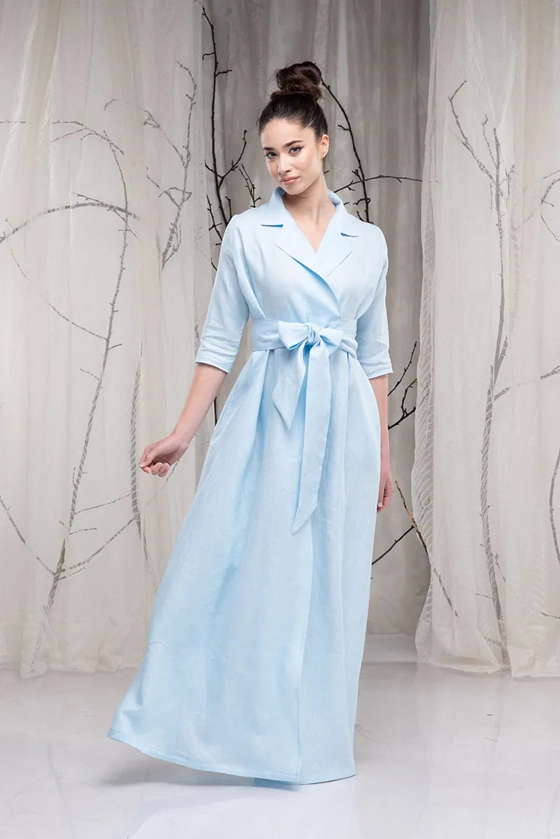 Boho Long Linen Shawl Collar Dress