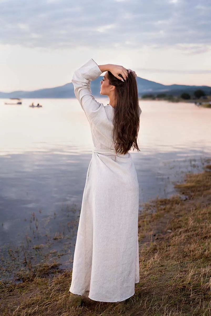 Maxi Summer Linen Kaftan Dress - Long Abaya with belt