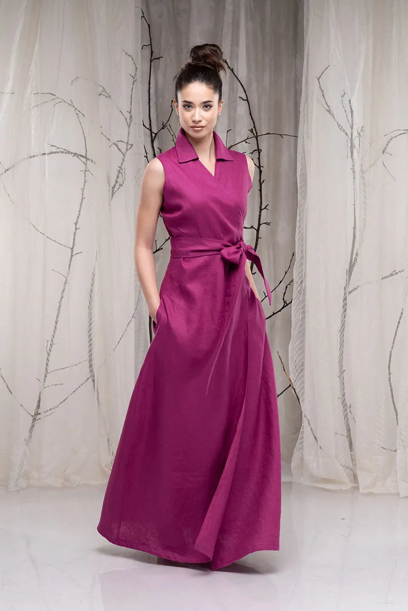 Linen Sleeveless Purple Wedding Guest Dress - Long Maxi Wrap Dress