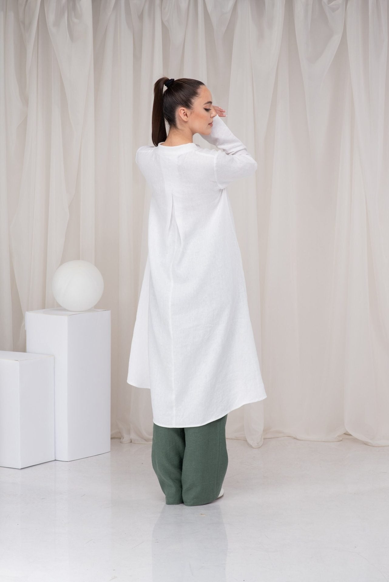 White Long Linen Asymmetrical Tunic Top with Long Sleeves