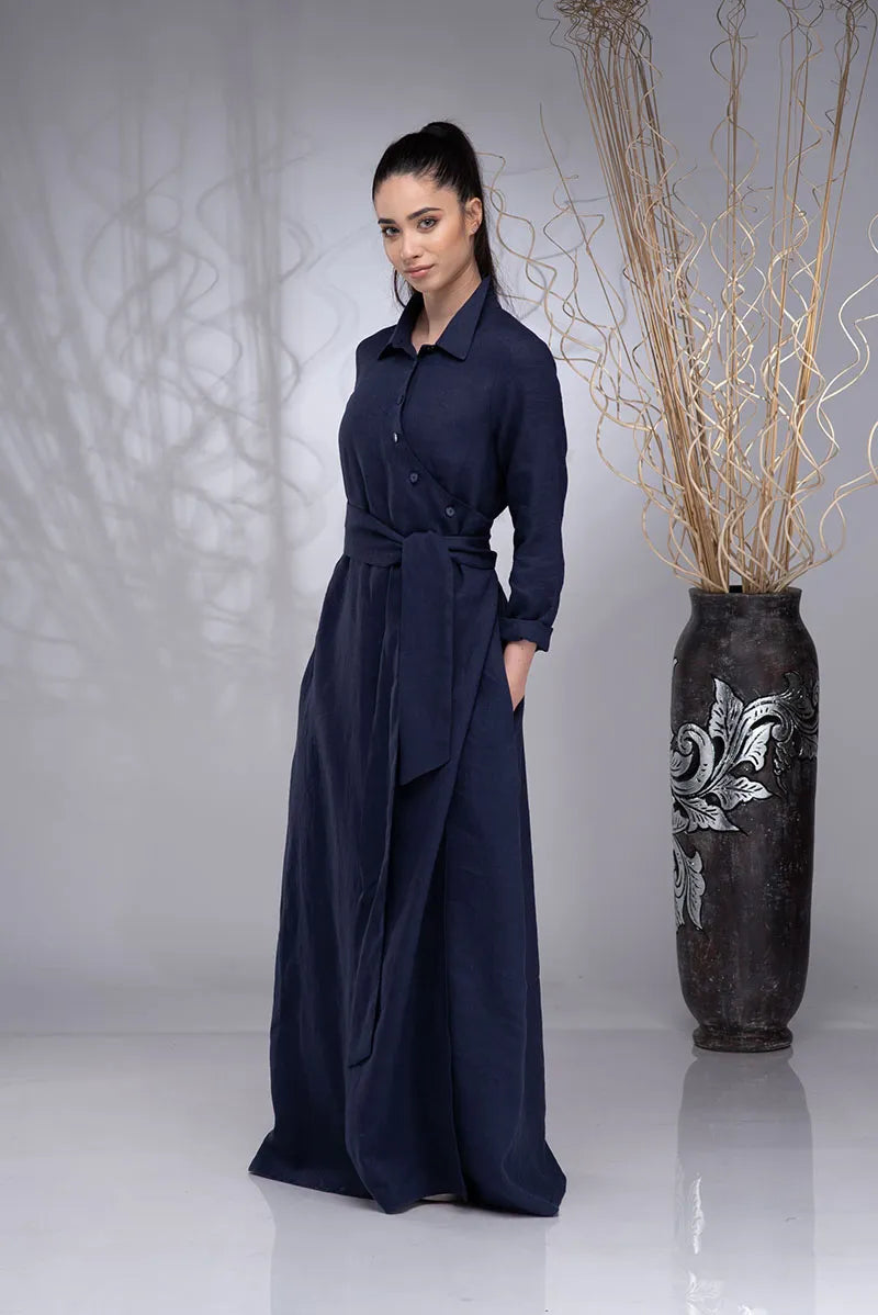 Linen Maxi Wrap Button up Boho Dress with Linen Belt