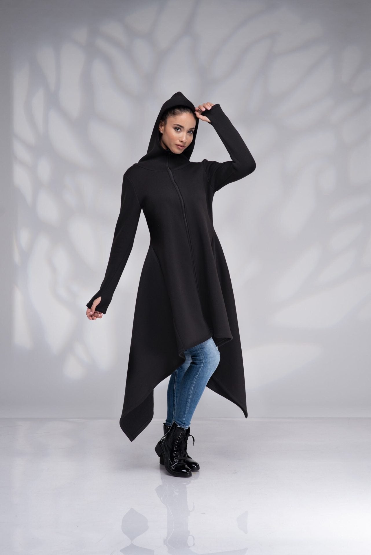 Maxi Asymmetrical Hoodie Cowl Neck Cotton Coat with Zipper