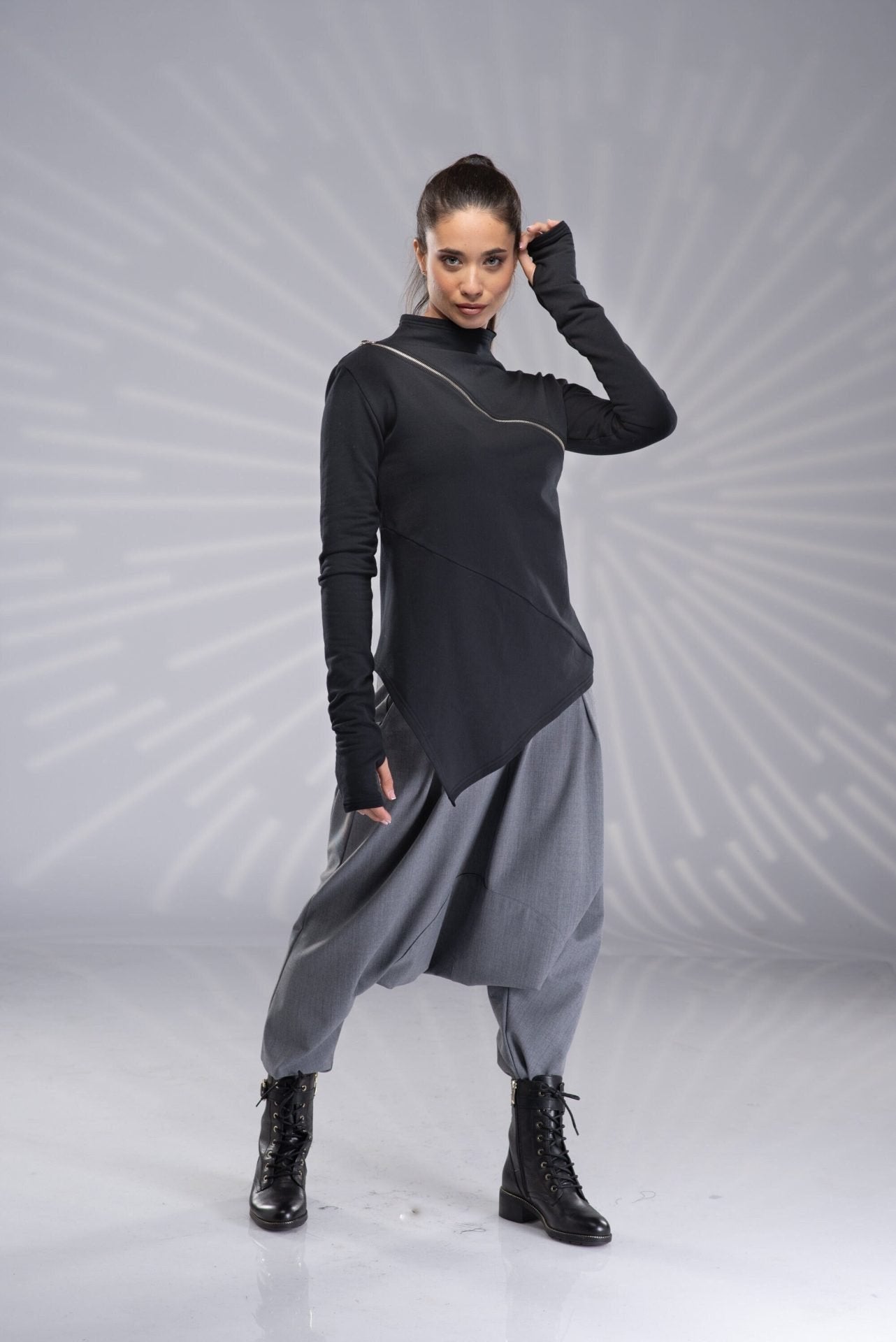Asymmetrical Black Off Shoulder Fitted Tunic Blouse with Zipper and Thumb Holes