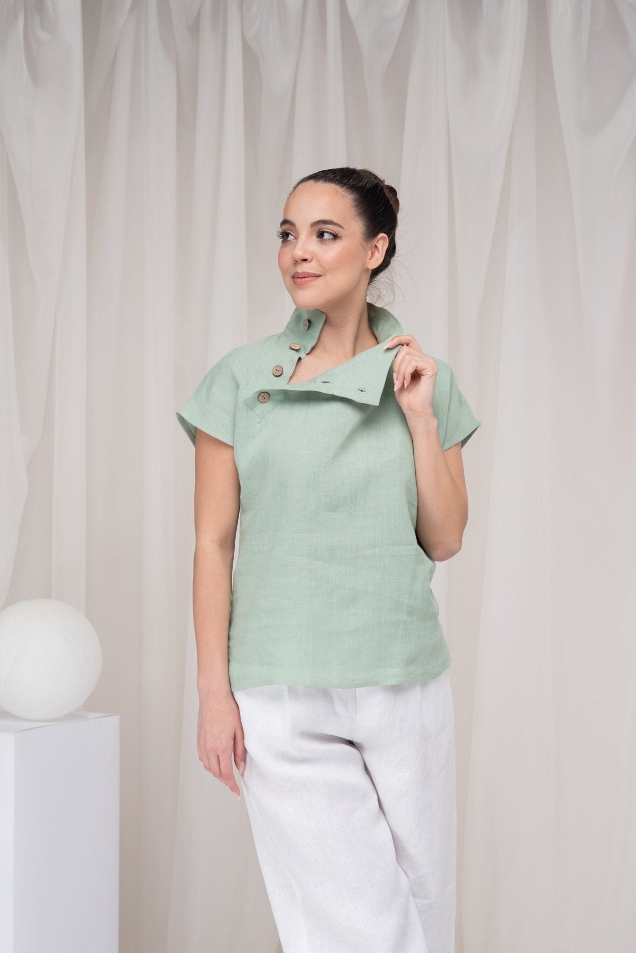 Flax Pure Linen Button up Blouse with Short Sleeve
