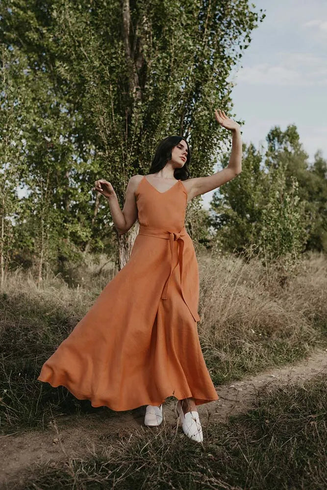 Rust Orange Spaghetti Strap Linen Maxi Dress with Tie Waist