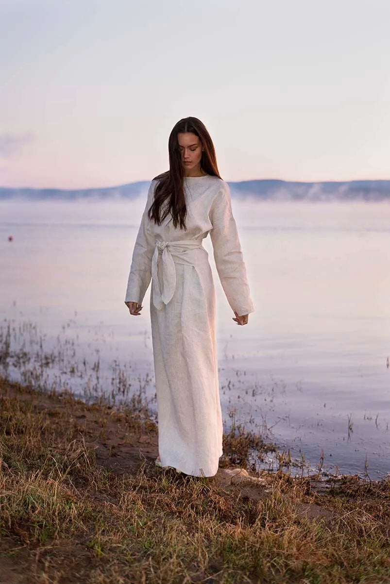 Maxi Summer Linen Kaftan Dress - Long Abaya with belt