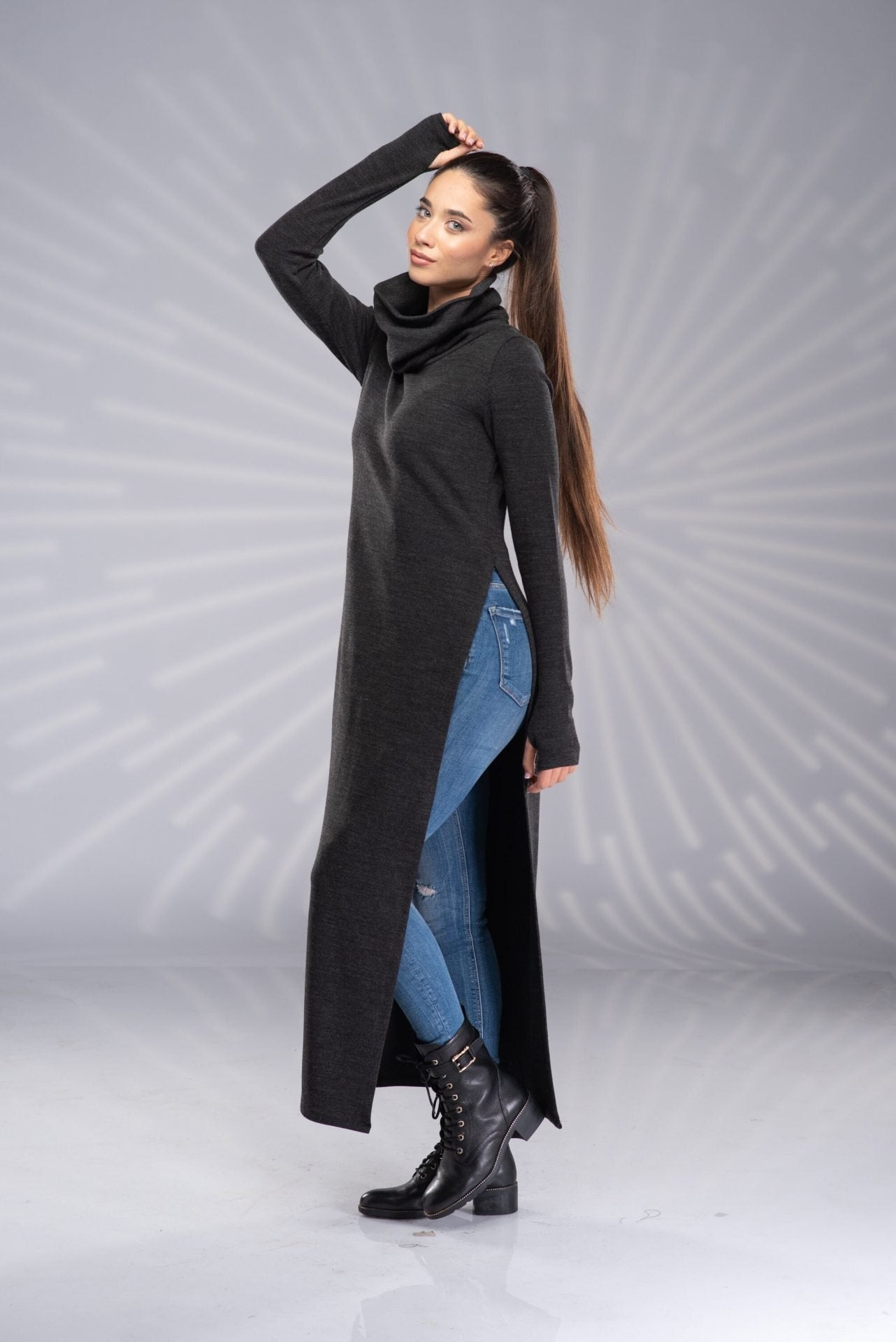 Long Turtleneck Knit Tunic Sweater Dress