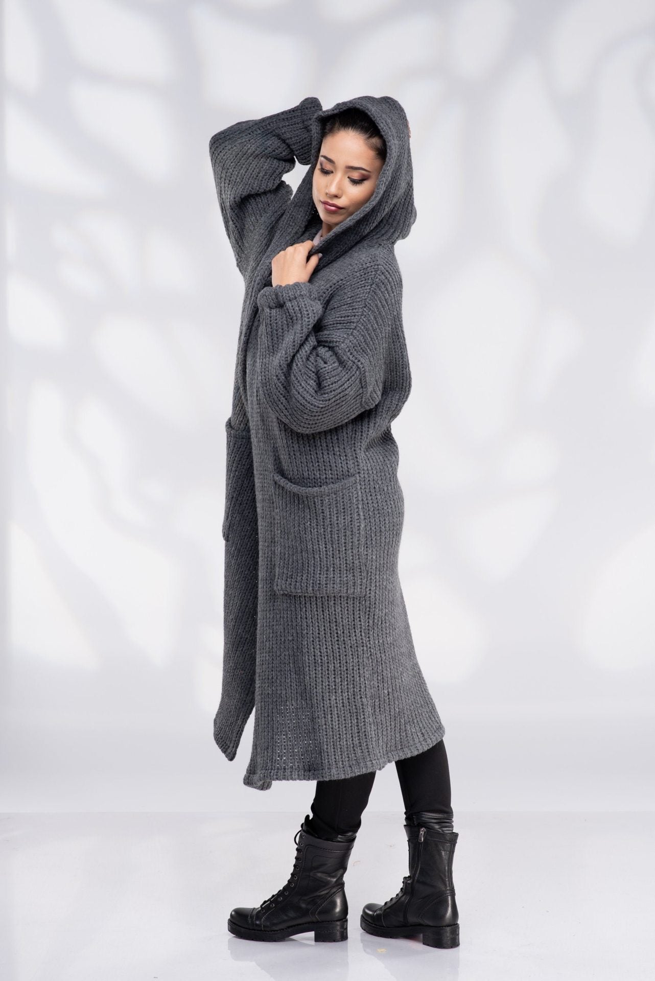 Knit Wool Sweater Coat Long Hooded Cardigan