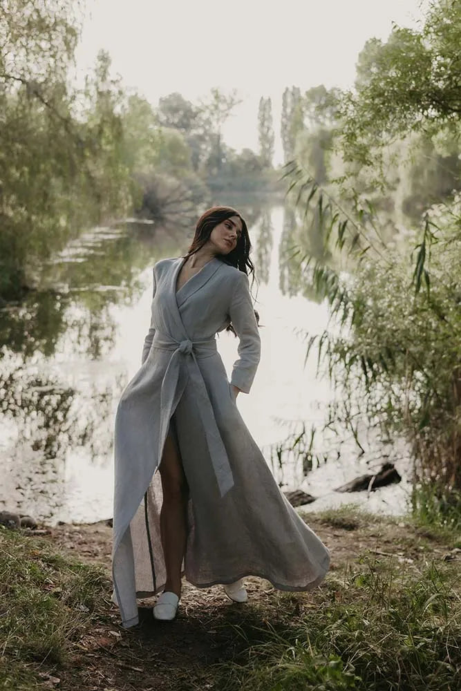 Bridesmaid Light Gray Linen Maxi Dress with Long Shawl Collar and Linen Belt