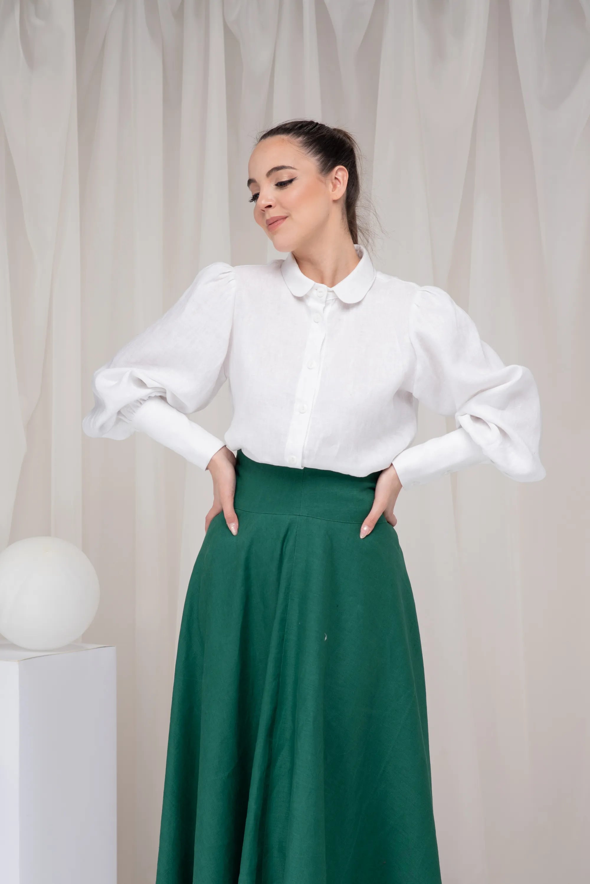White Linen Victorian Collared Button up Top with Bishop Sleeves-Danellys-5.webp