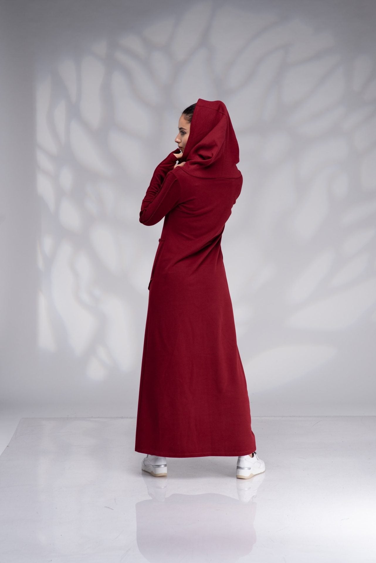 Long Winter Maxi Elven Sweatshirt Dress with Cowl Hood and Thumb Hole Sleeves