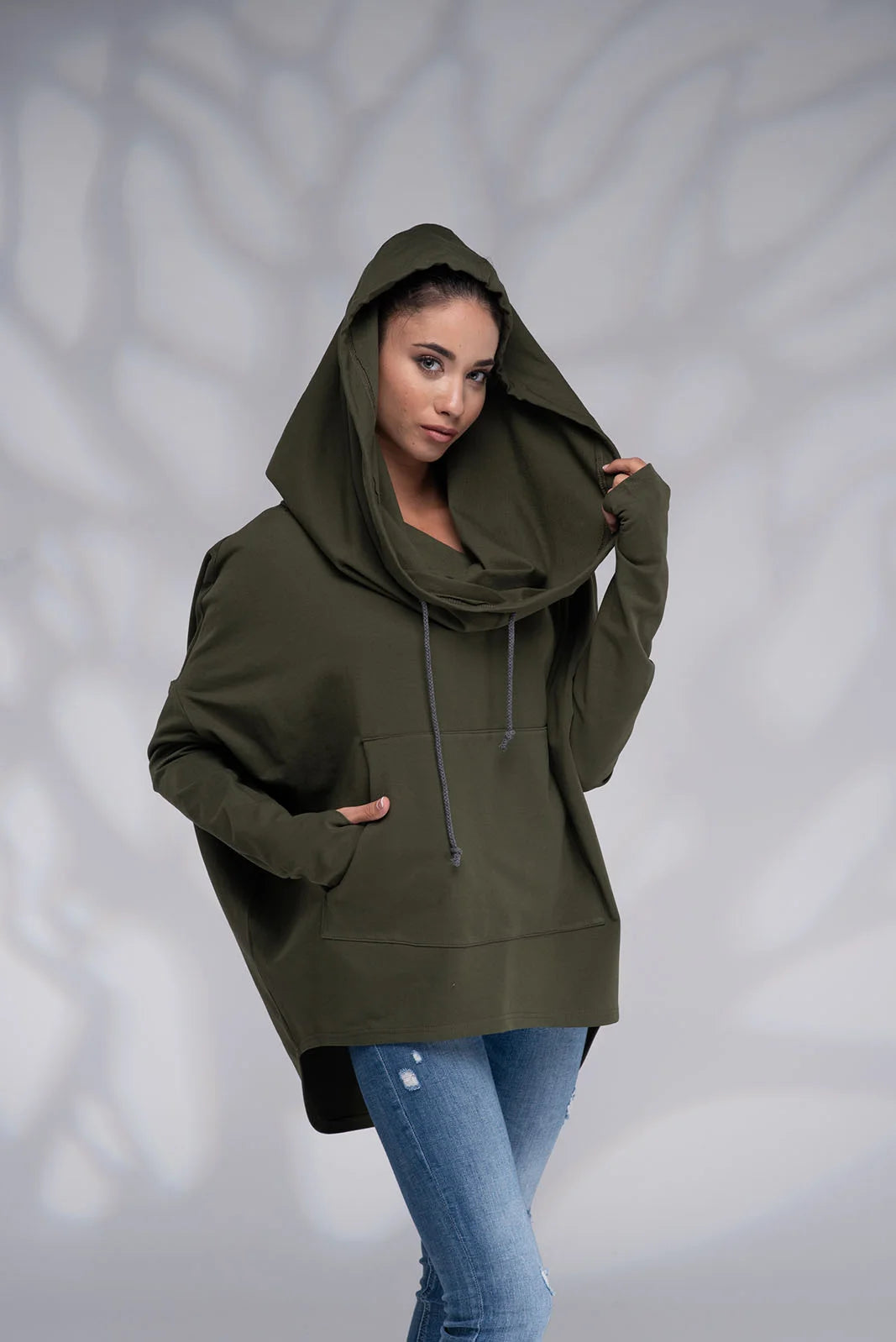 Green Tunic Sweatshirt - Loose Cowl Neck Hoodie