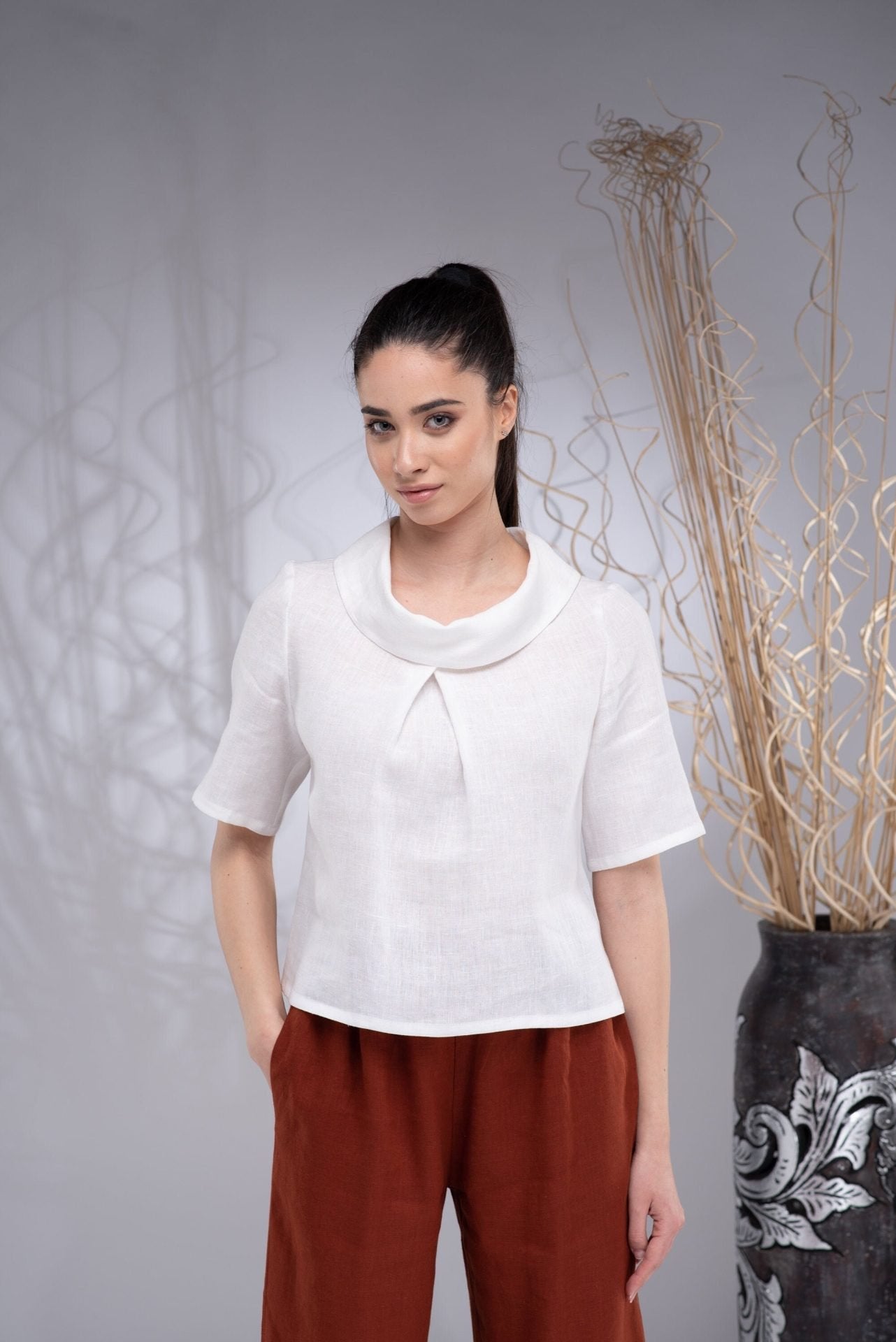 Linen Short Sleeve Summer White Blouse