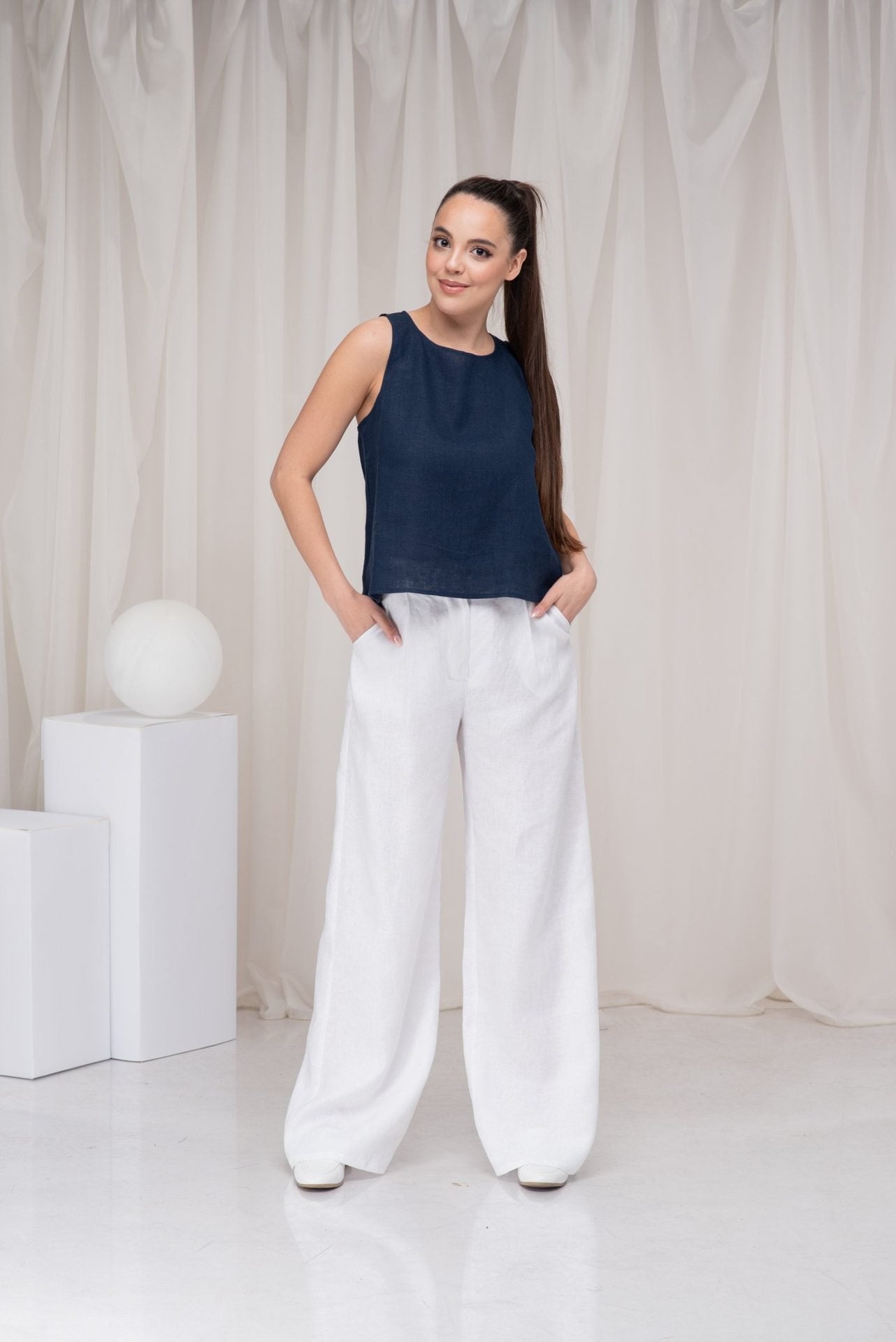 White Linen Wide Leg Palazzo Summer Pants with Two Pockets
