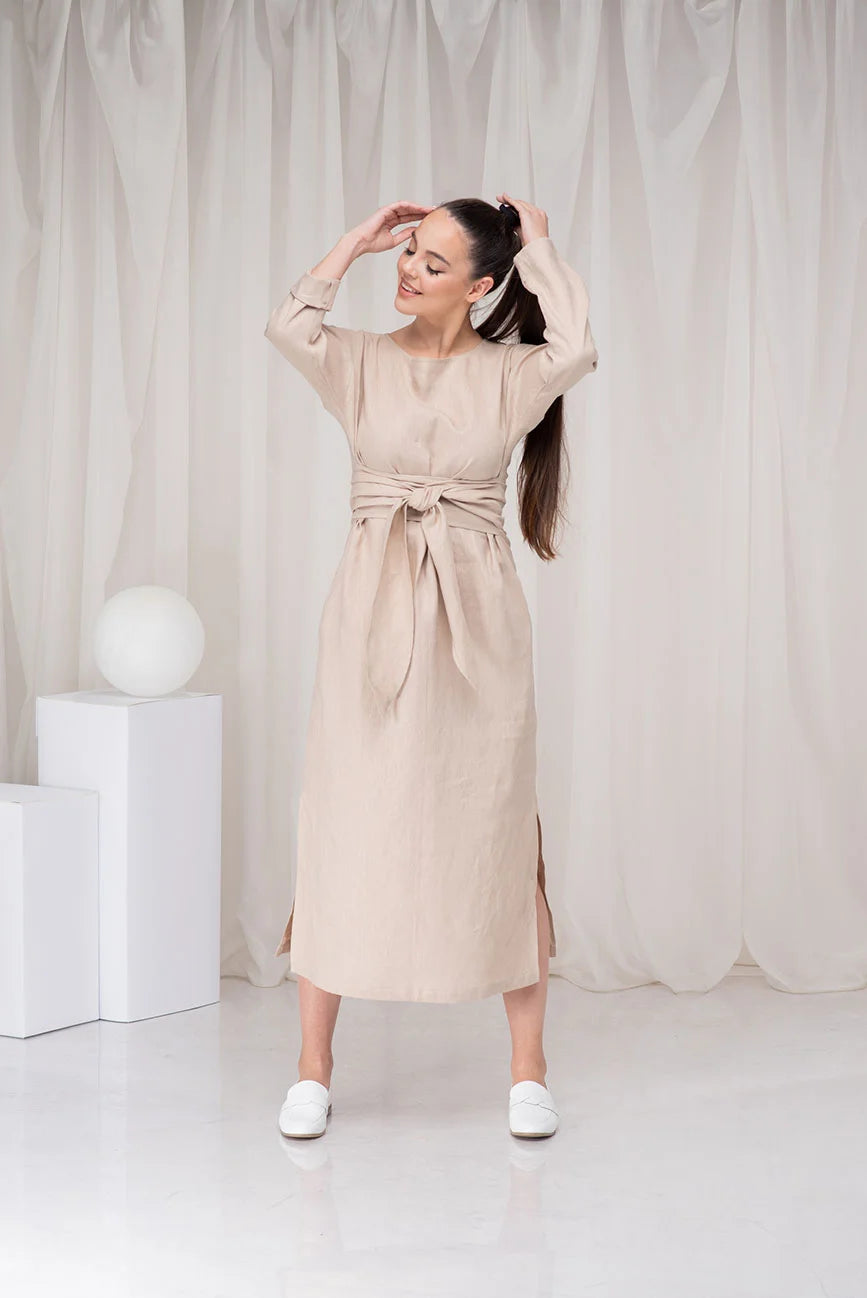 Linen Summer Dress with Long Sleeves and Side Slit