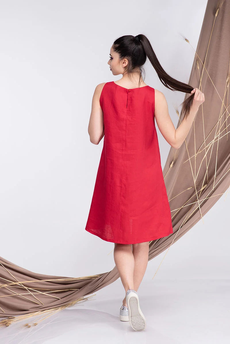 Red Linen Short A line Summer Dress