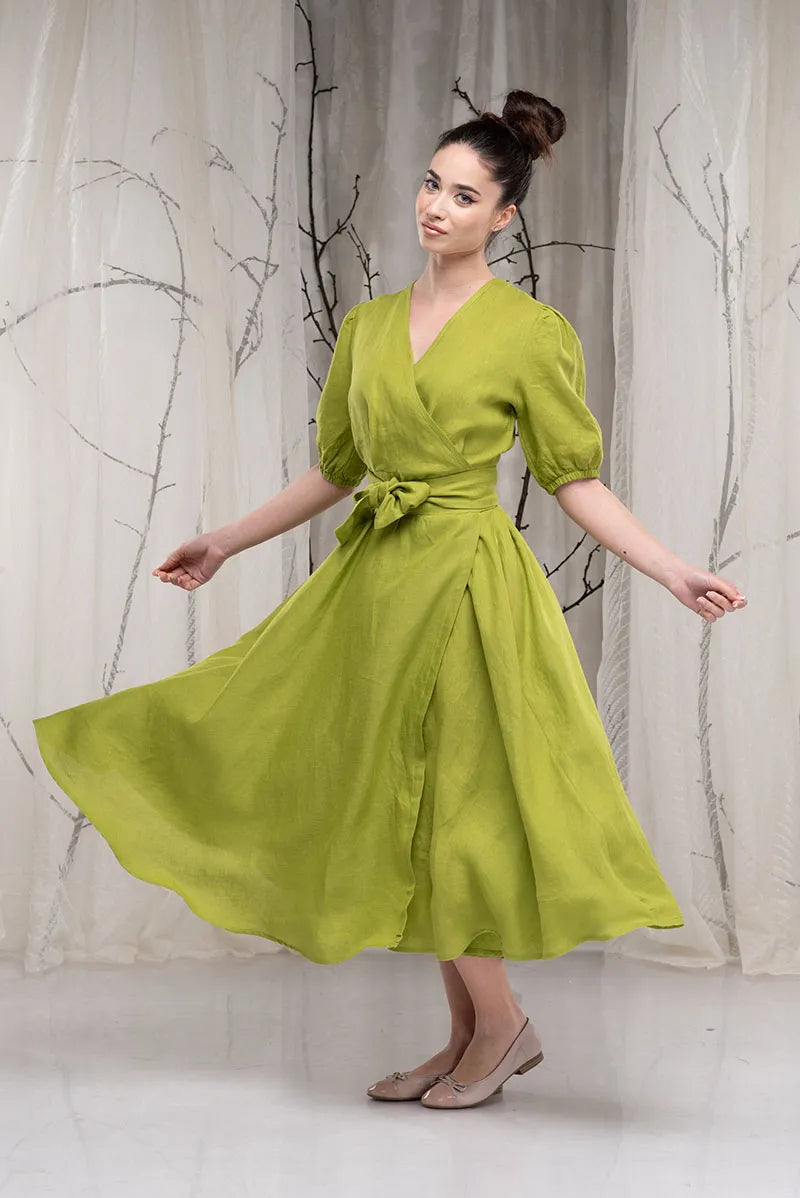 Long Linen Wrap Puffy Sleeve Flare Summer Dress