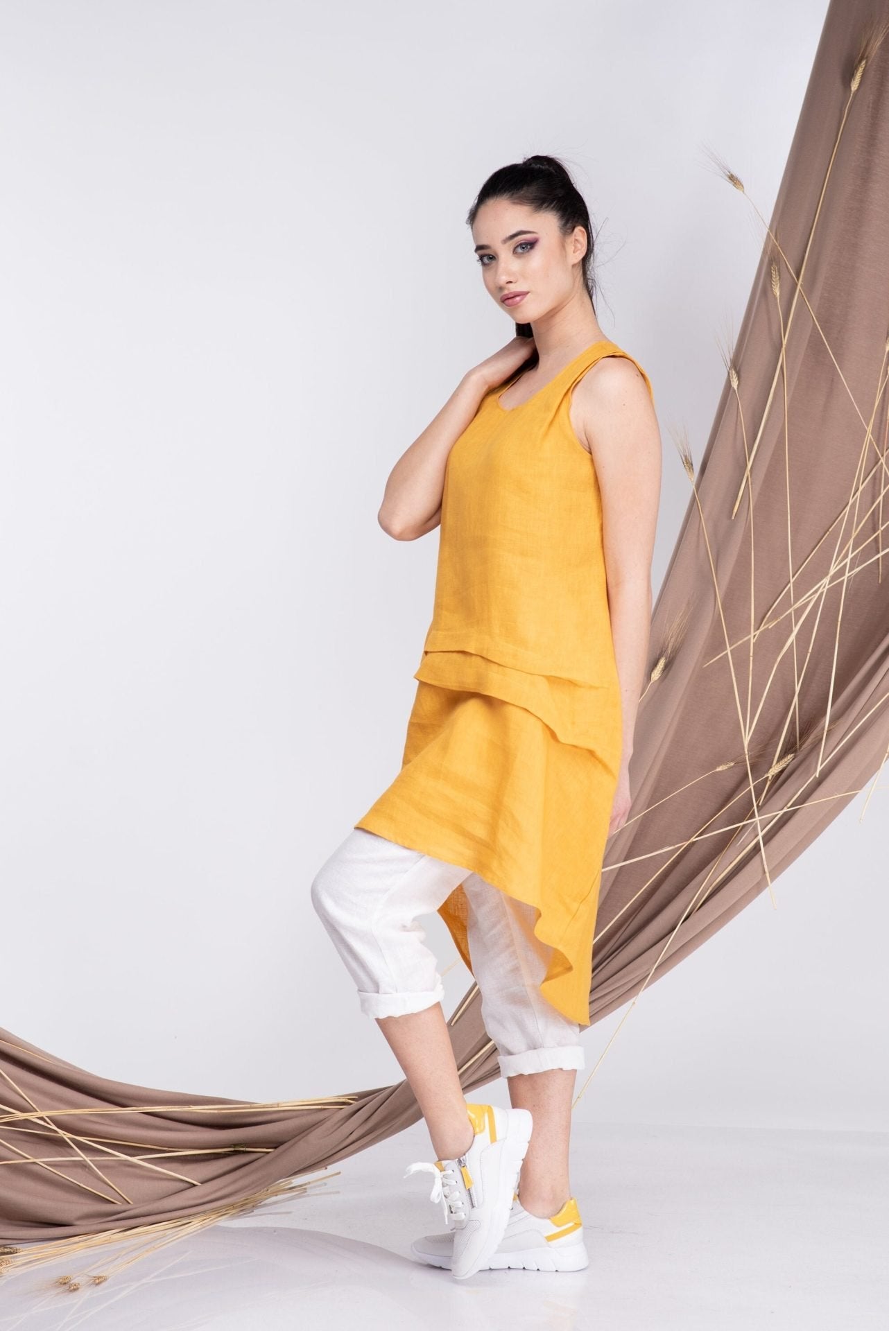 Mustard Linen Sleeveless Tunic Top