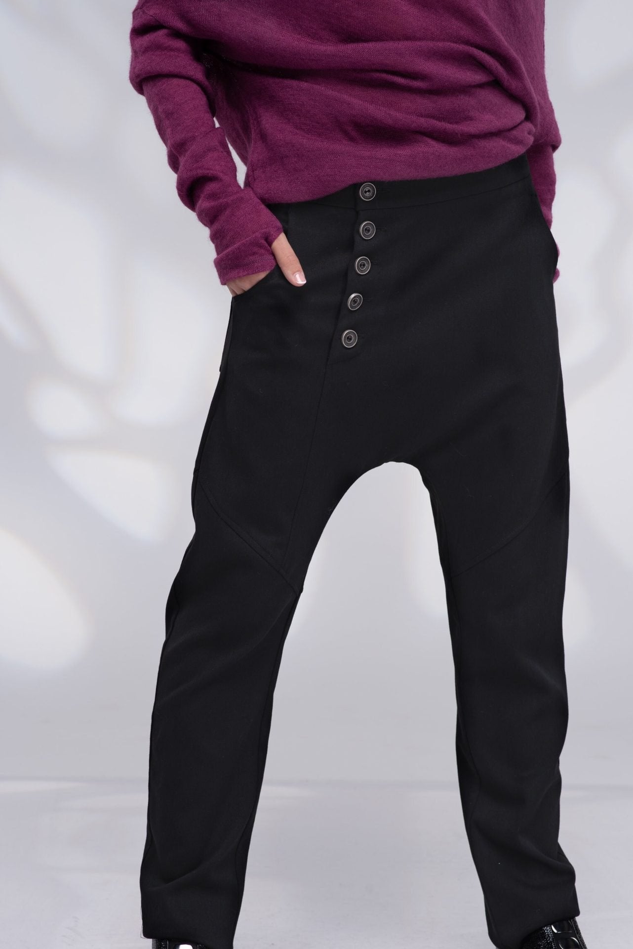 Winter Harem Wool Drop Crotch Black Pants