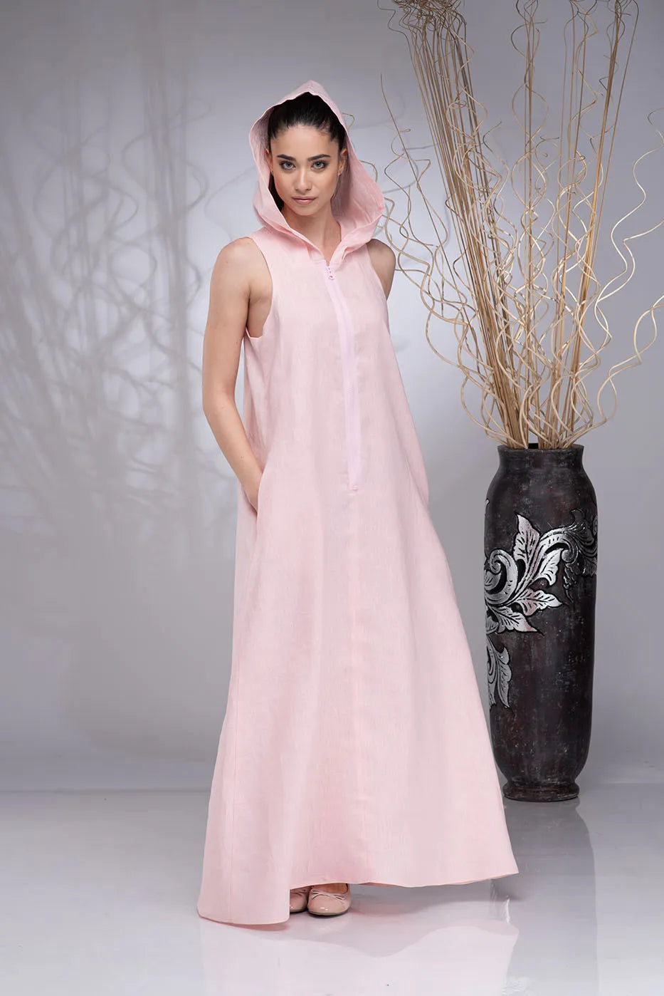 Black Linen Hoodie Dress with Zipper made of Pure Linen