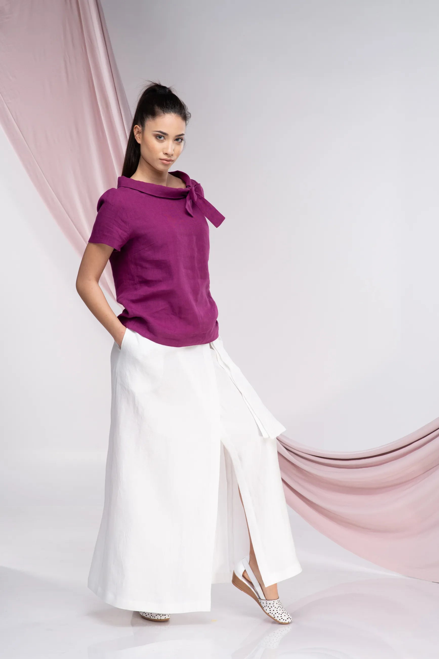Purple Linen Short Sleeve Elegant Top-Danellys-4.webp
