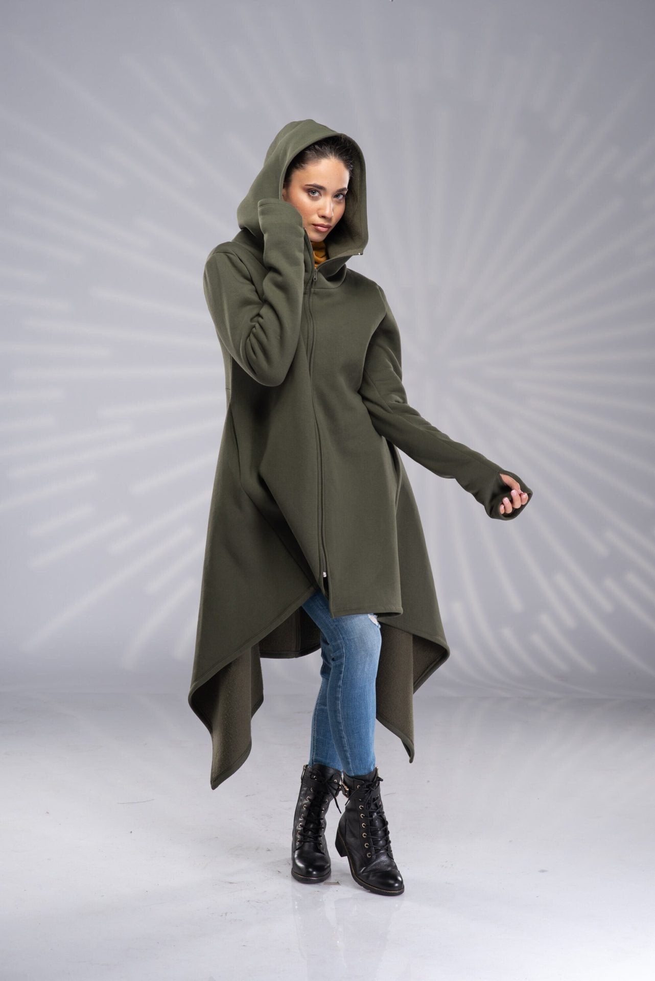 Maxi Asymmetrical Hoodie Cowl Neck Cotton Coat with Zipper