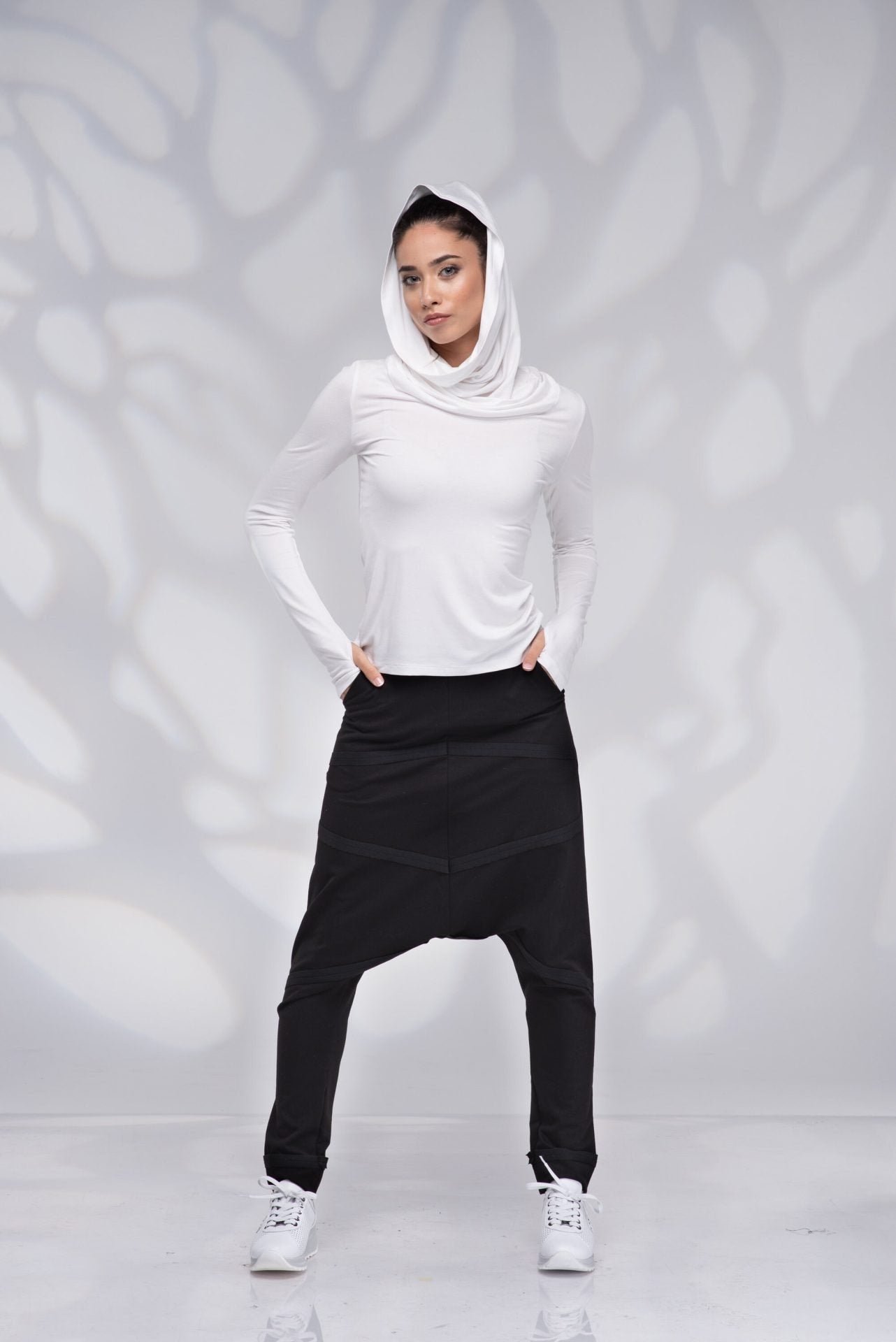 White Cowl Hood Fitted Top with Extra Long Thumb Hole Sleeves