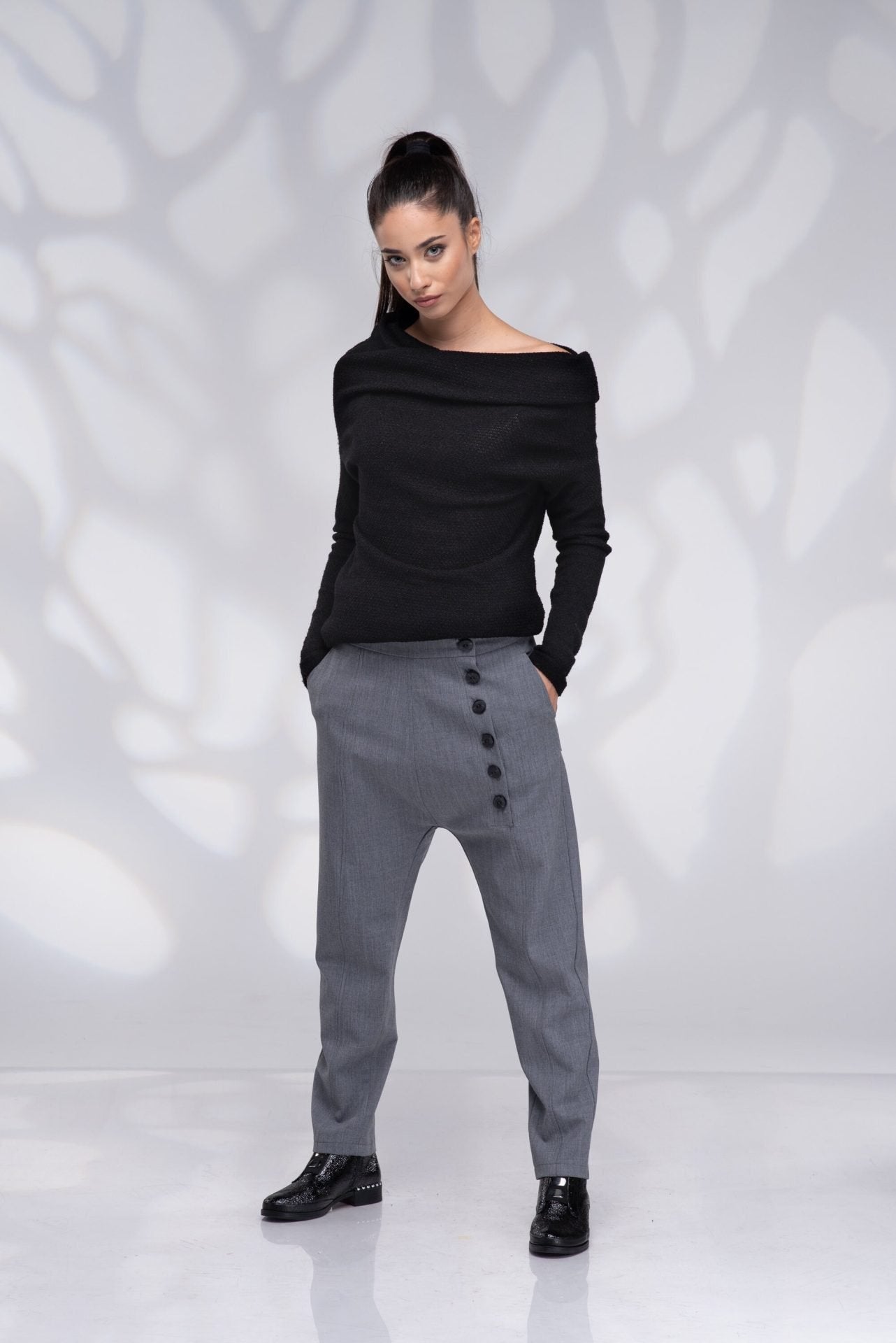 Gray Wool Harem Drop Crotch Winter Baggy Pants