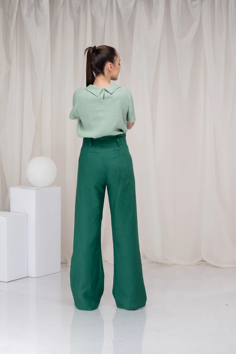 Green Linen High Waist Palazzo Summer Pants-Danellys-2.webp