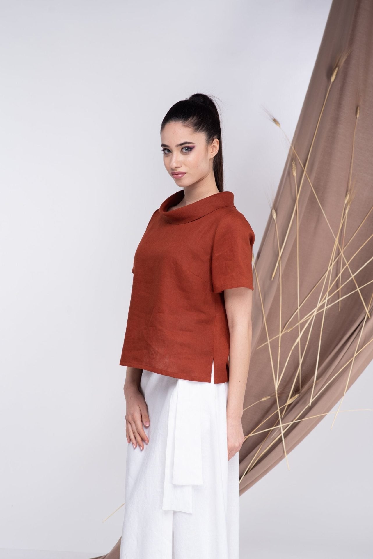 Linen Short Sleeves Burnt Orange Blouse
