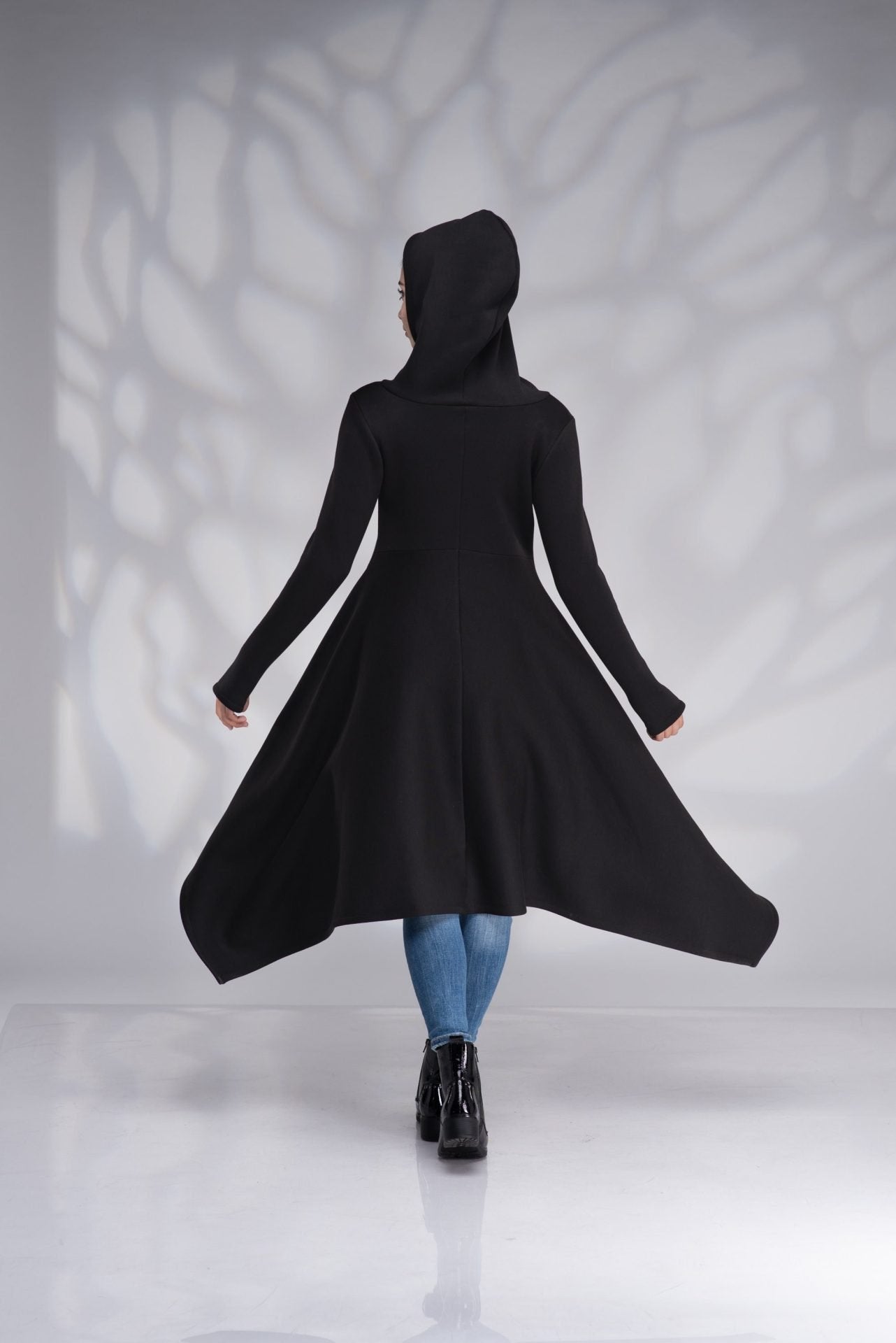 Cotton Hooded Maxi Coat Long Zip up Black Gothic Jacket