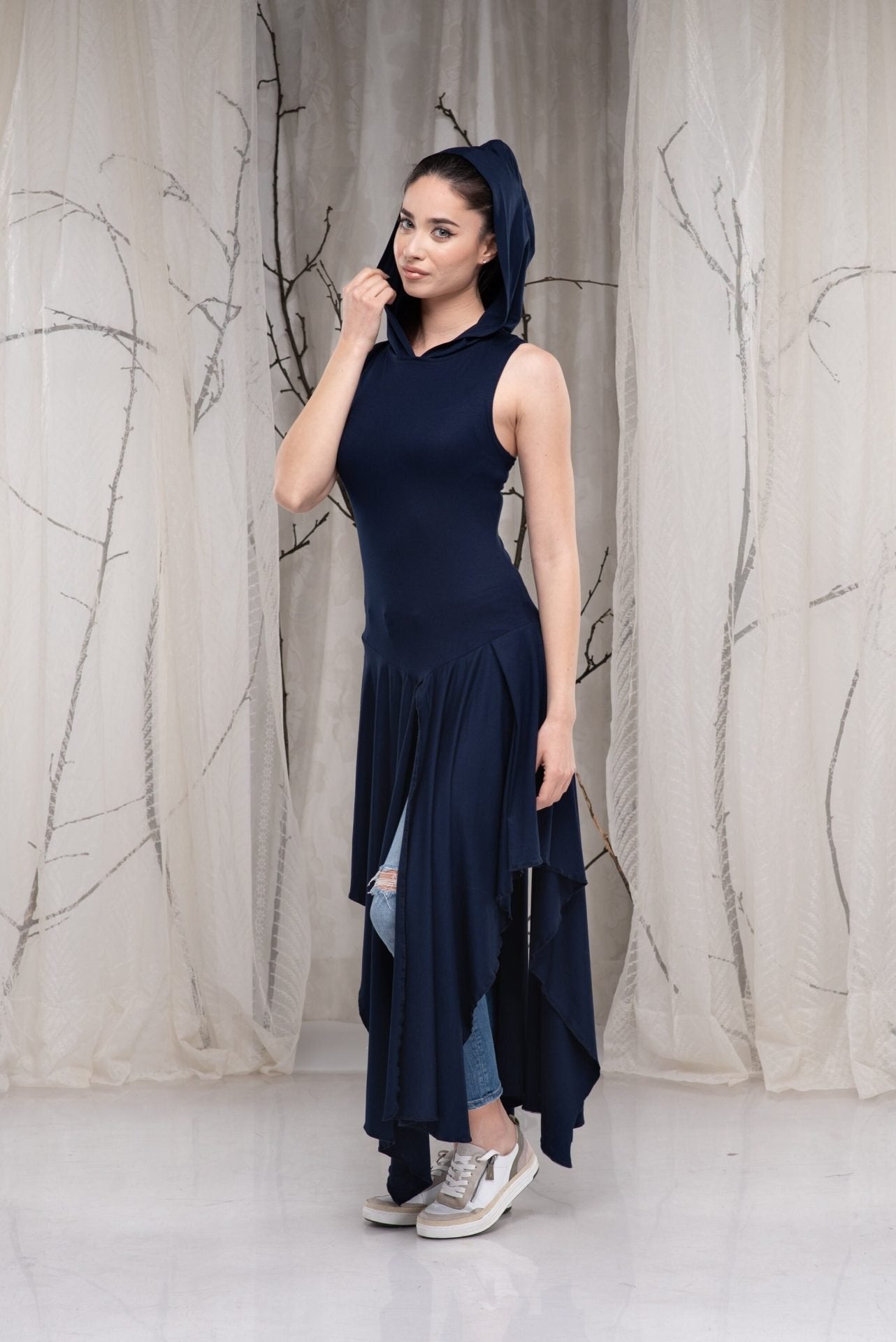 Long Hooded Asymmetrical Sleeveless Summer Tunic Top