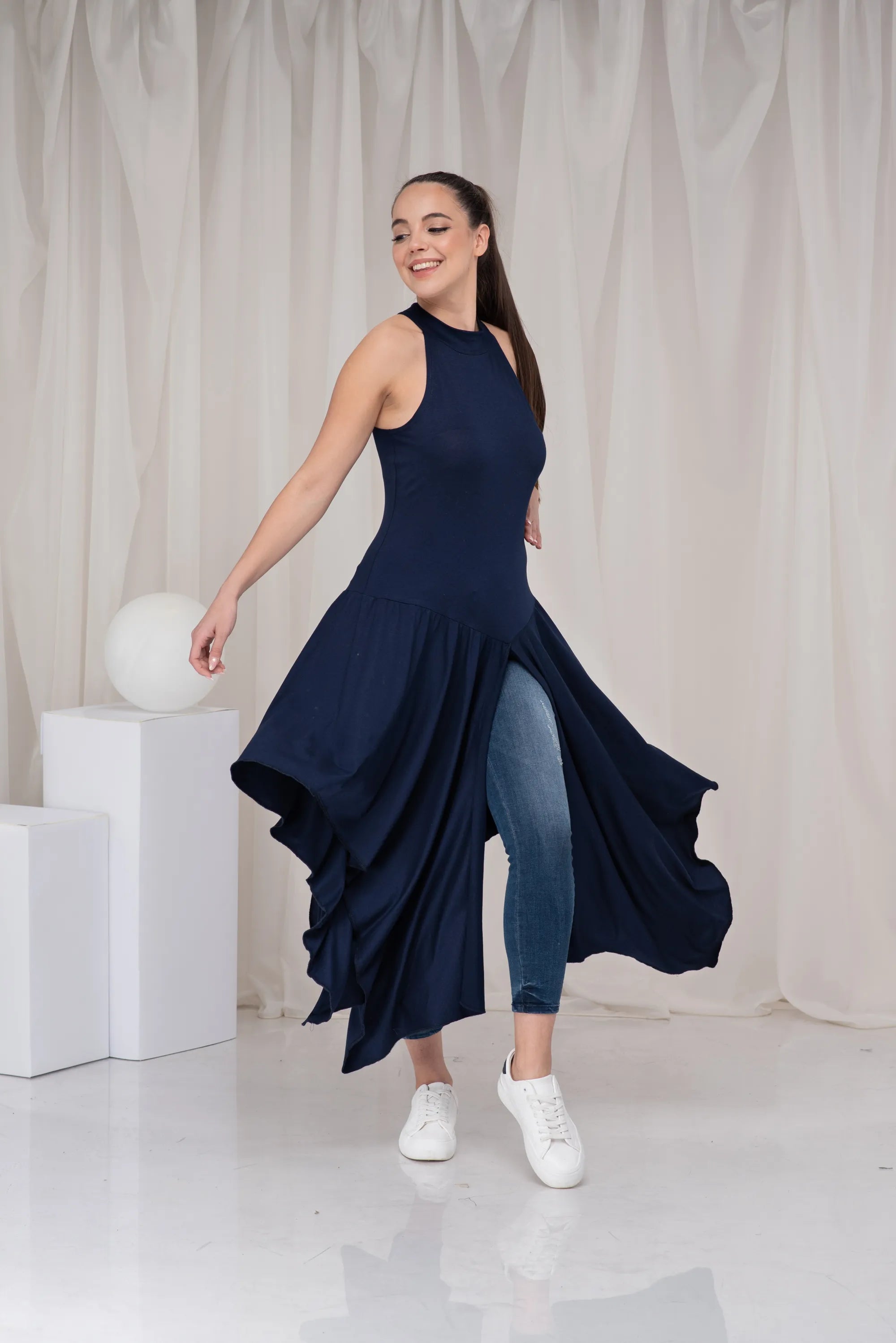 Long Blue Asymmetrical Summer Draped Tank Tunic-Danellys-3.webp