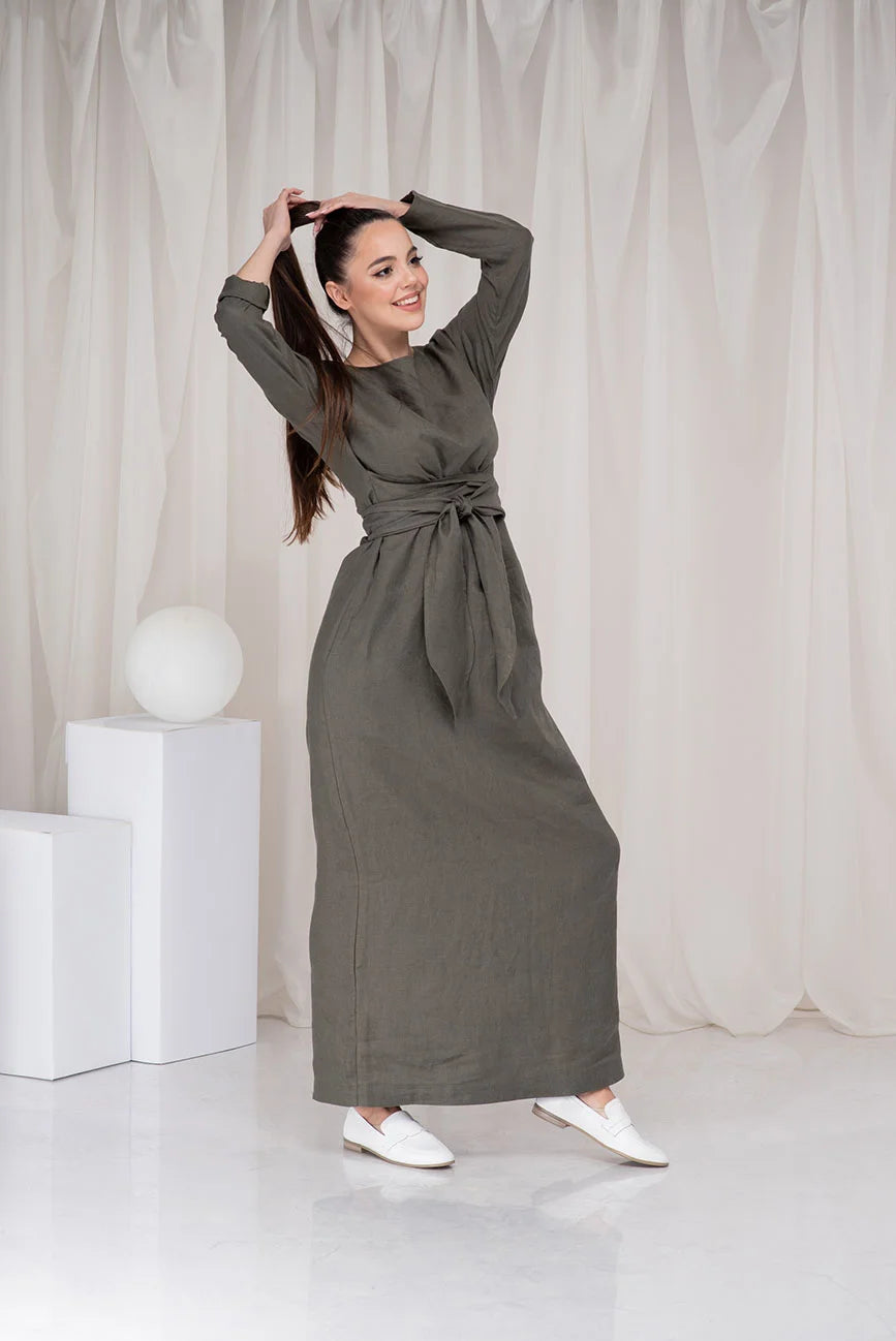 Long Linen Maxi Dress with Obi Belt