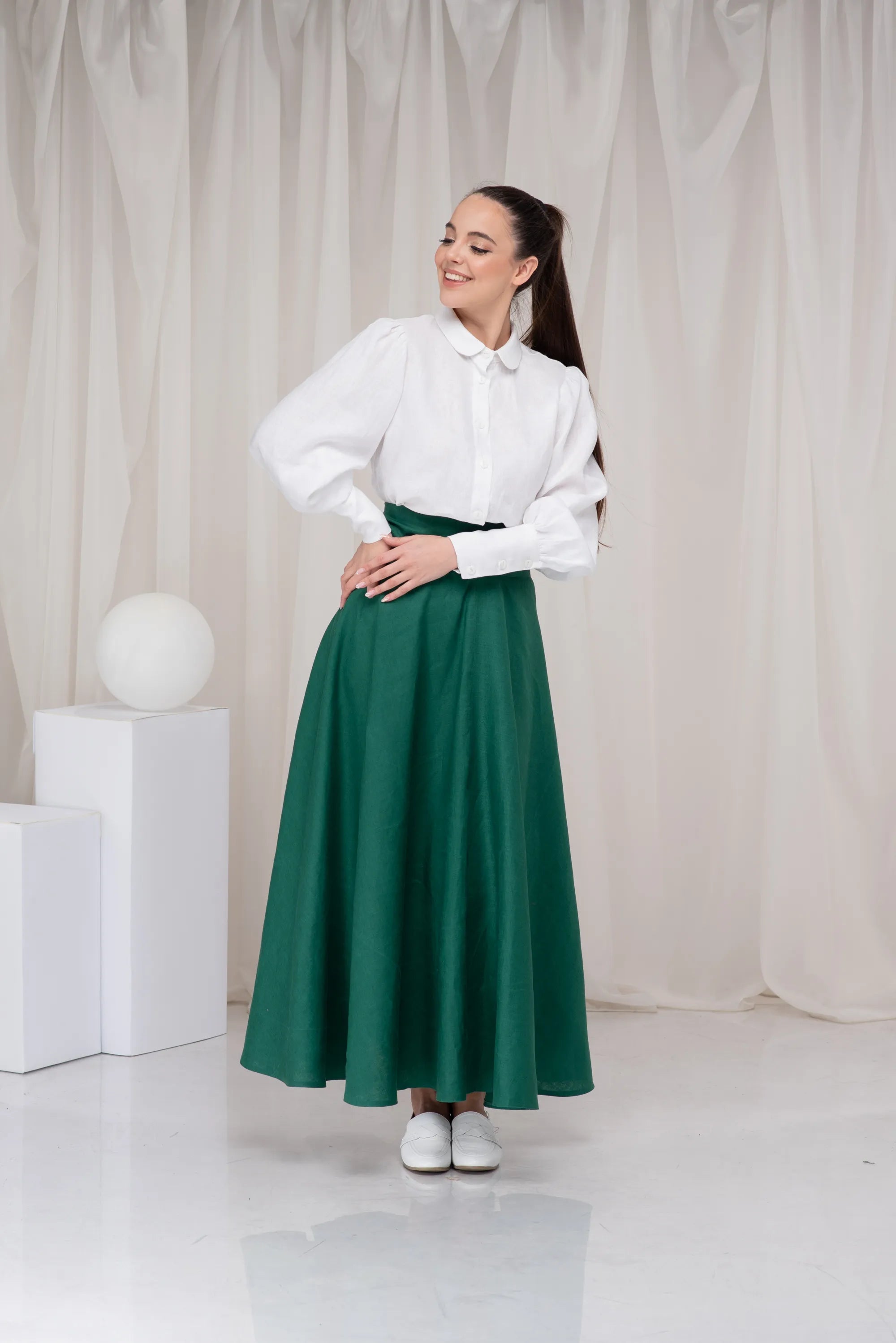 White Linen Victorian Collared Button up Top with Bishop Sleeves-Danellys-4.webp