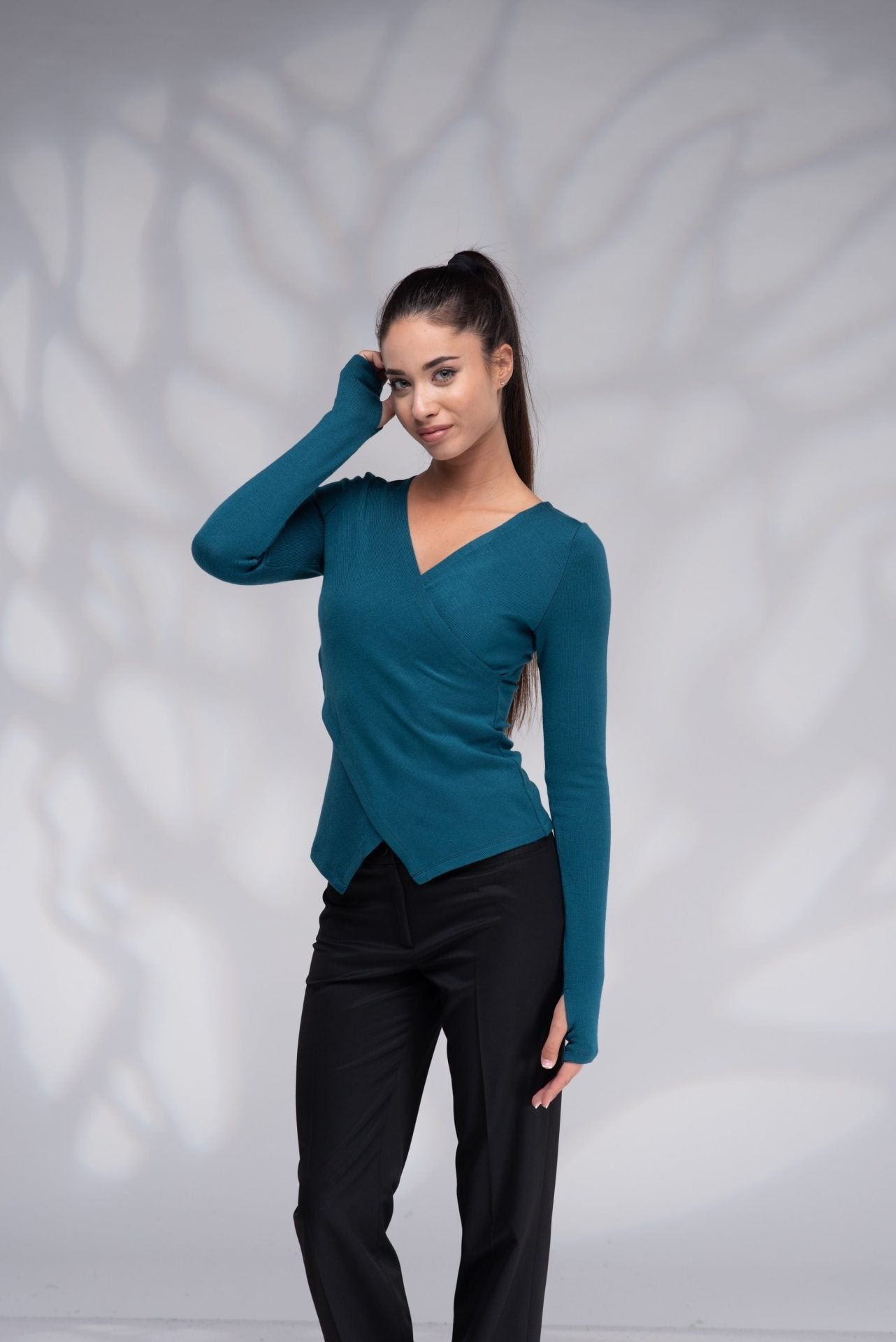 Wool Fitted Wrap Teal Blue Sweater with Thumb Holes