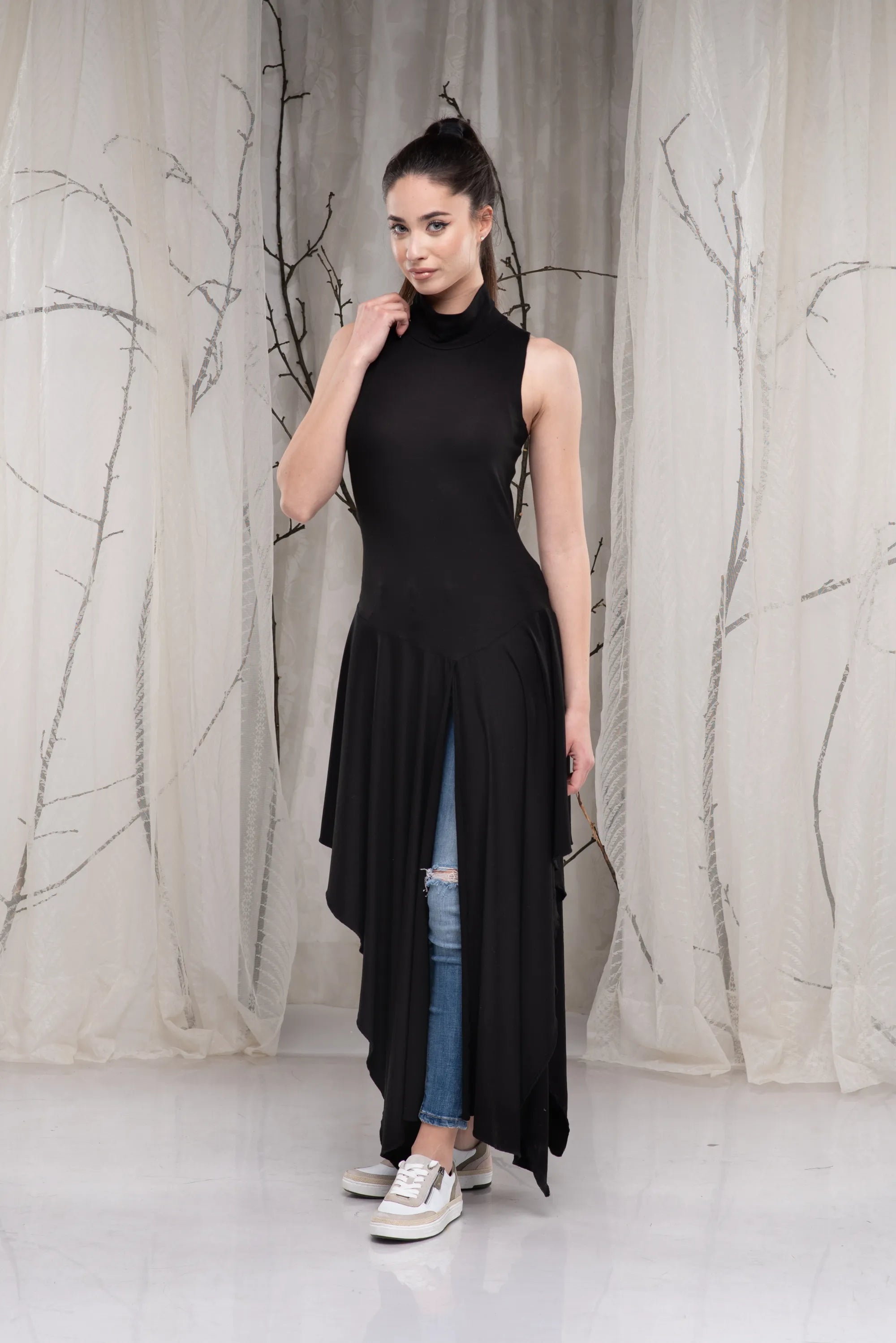 Long Black Turtleneck Asymmetrical Draped Sleeveless Tunic Top-Danellys.webp