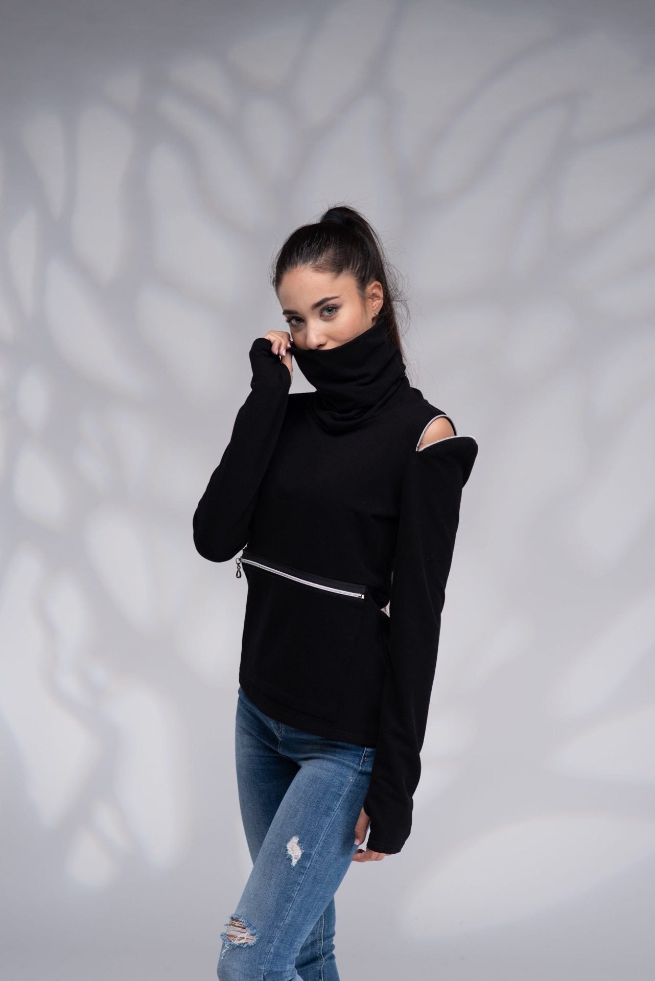Fitted Turtleneck High Neck Warm Winter Sweatshirt with Zipper