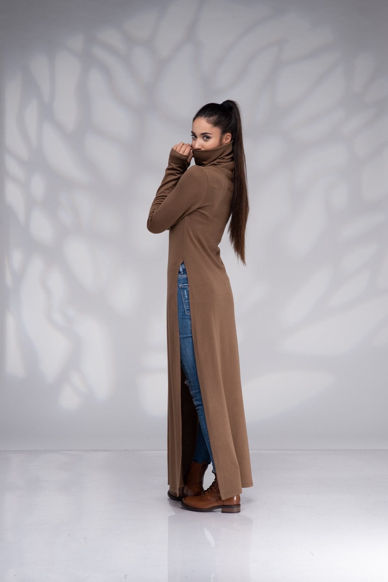 Long Turtleneck Knit Tunic Sweater Dress