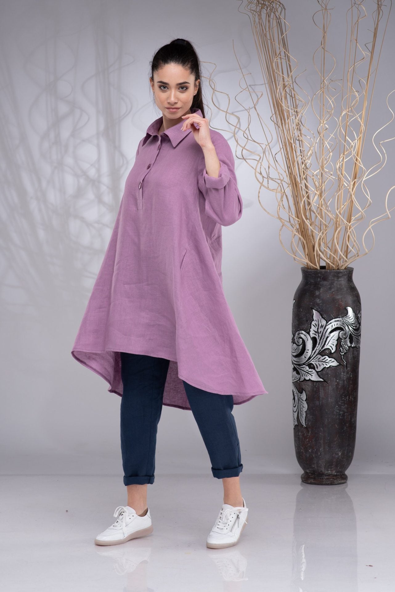 Linen Plus Size Asymmetrical Collared Tunic Top