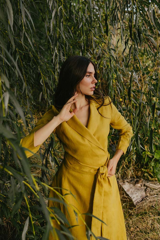 Mustard Yellow Wrap Linen Midi Dress with Long Sleeve and Shawl Collar