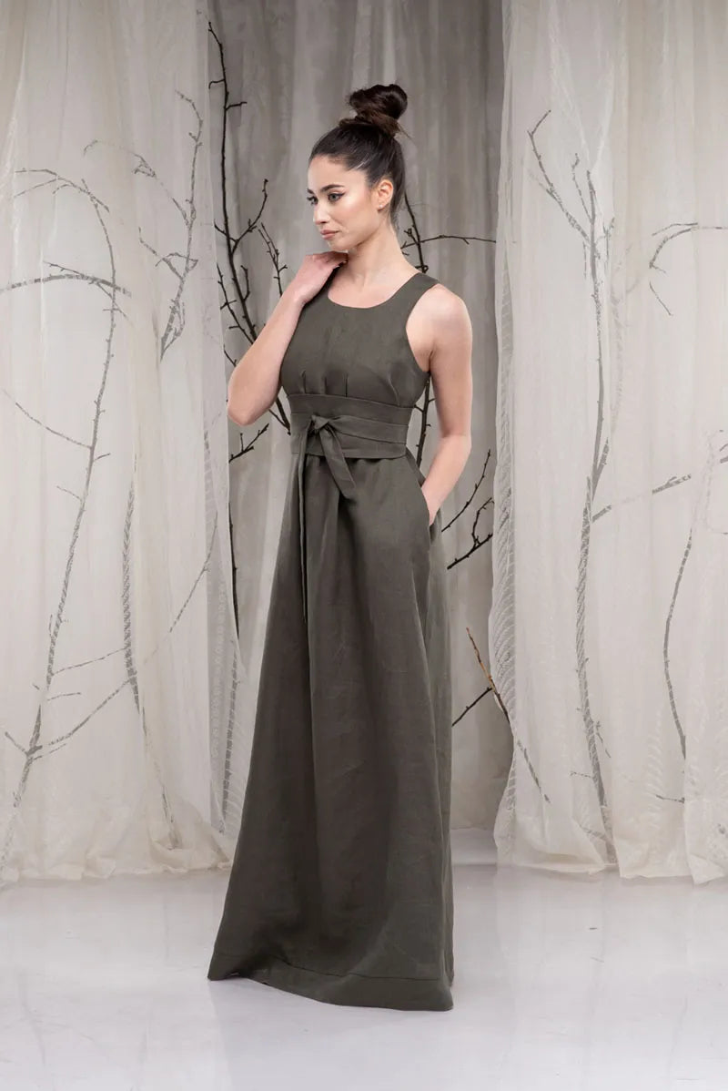 Linen Khaki Summer Maxi Dress with Obi Belt