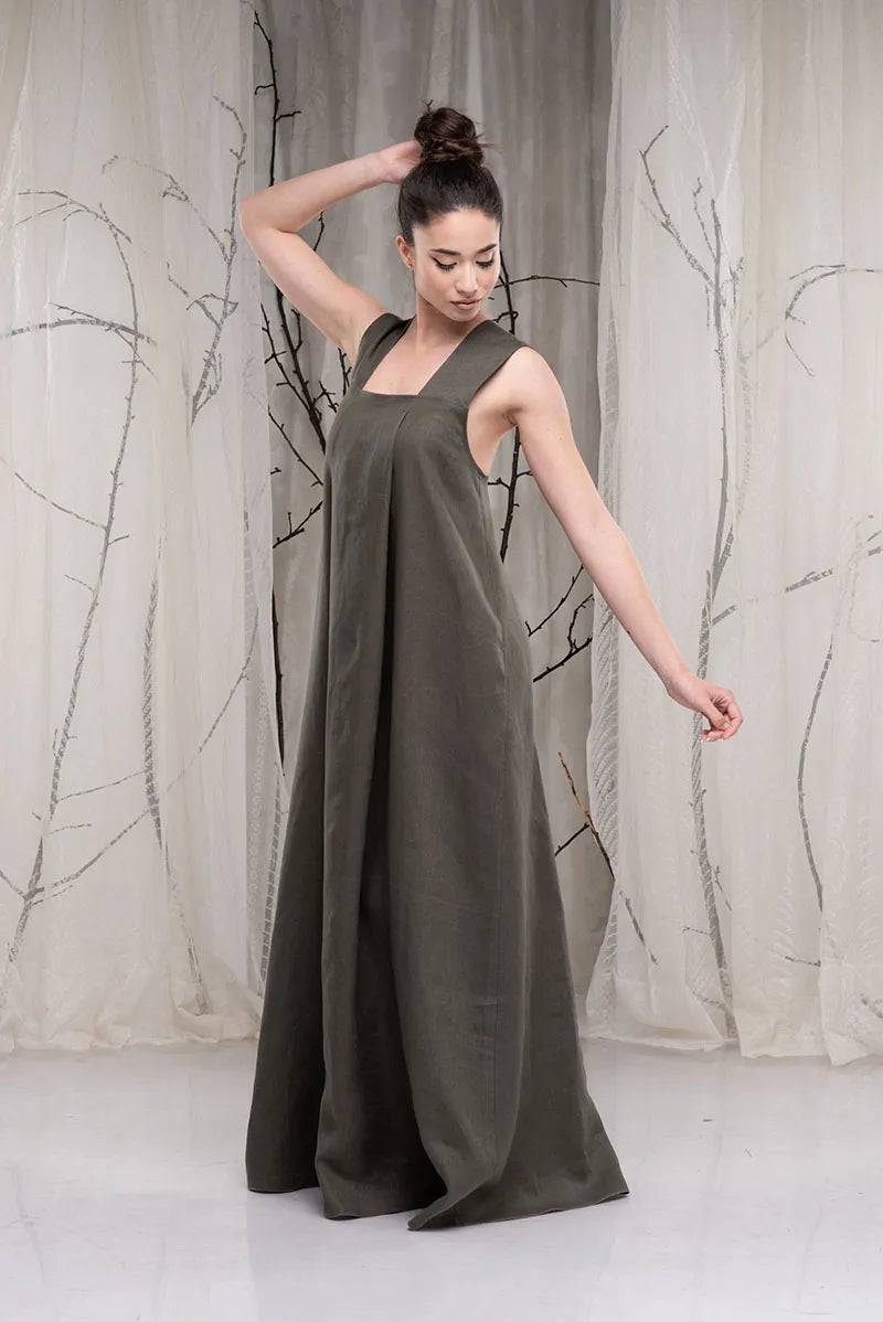 Linen Cross Back Maxi Dress with Square Neck