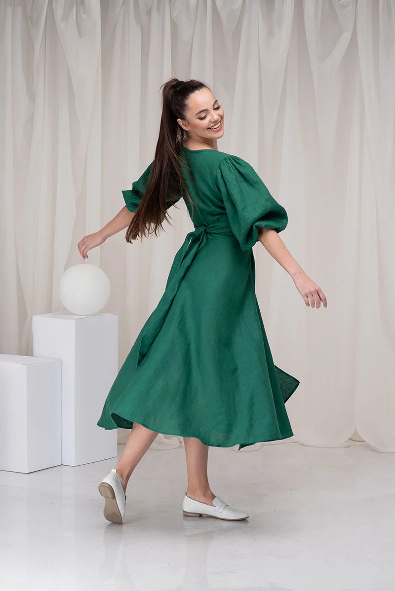 Linen Midi Wrap Dress with Belt and Balloon Sleeve