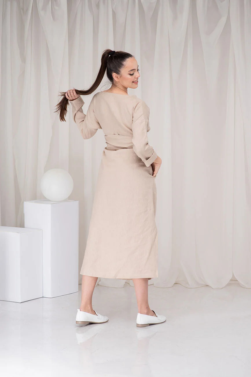 Linen Summer Dress with Long Sleeves and Side Slit