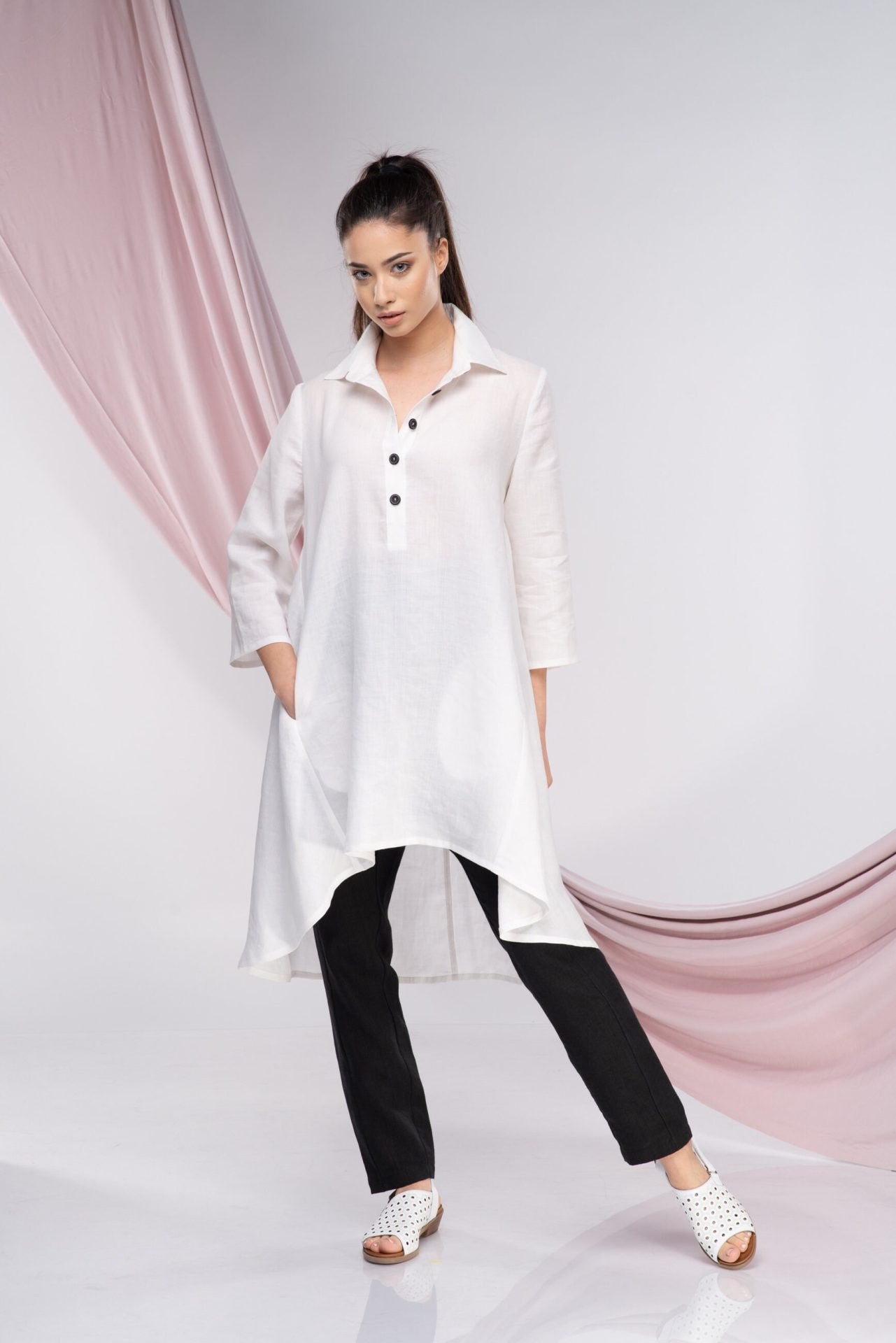 Linen Plus Size Asymmetrical Collared Tunic Top