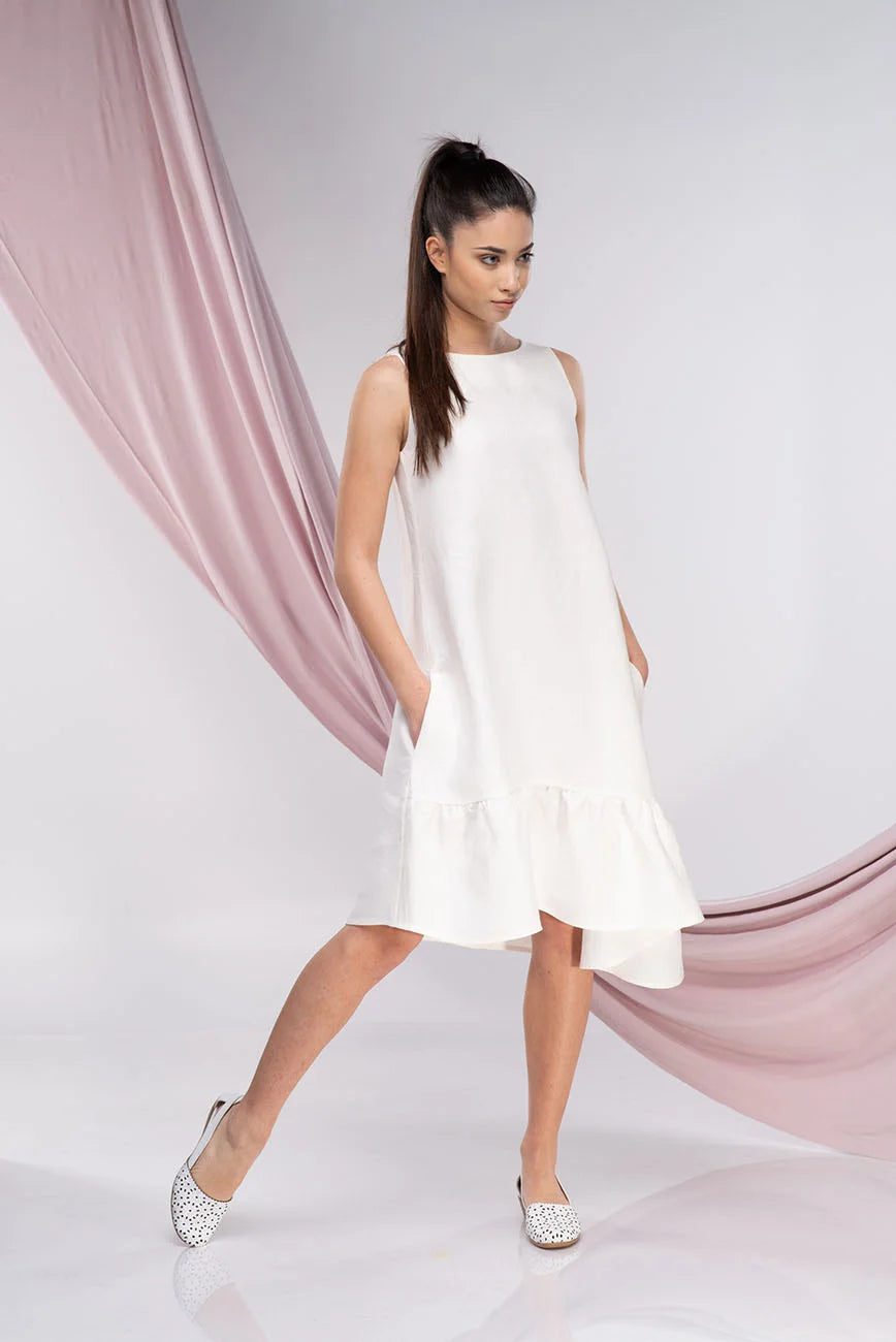 White Linen Midi Wedding Guest Dress